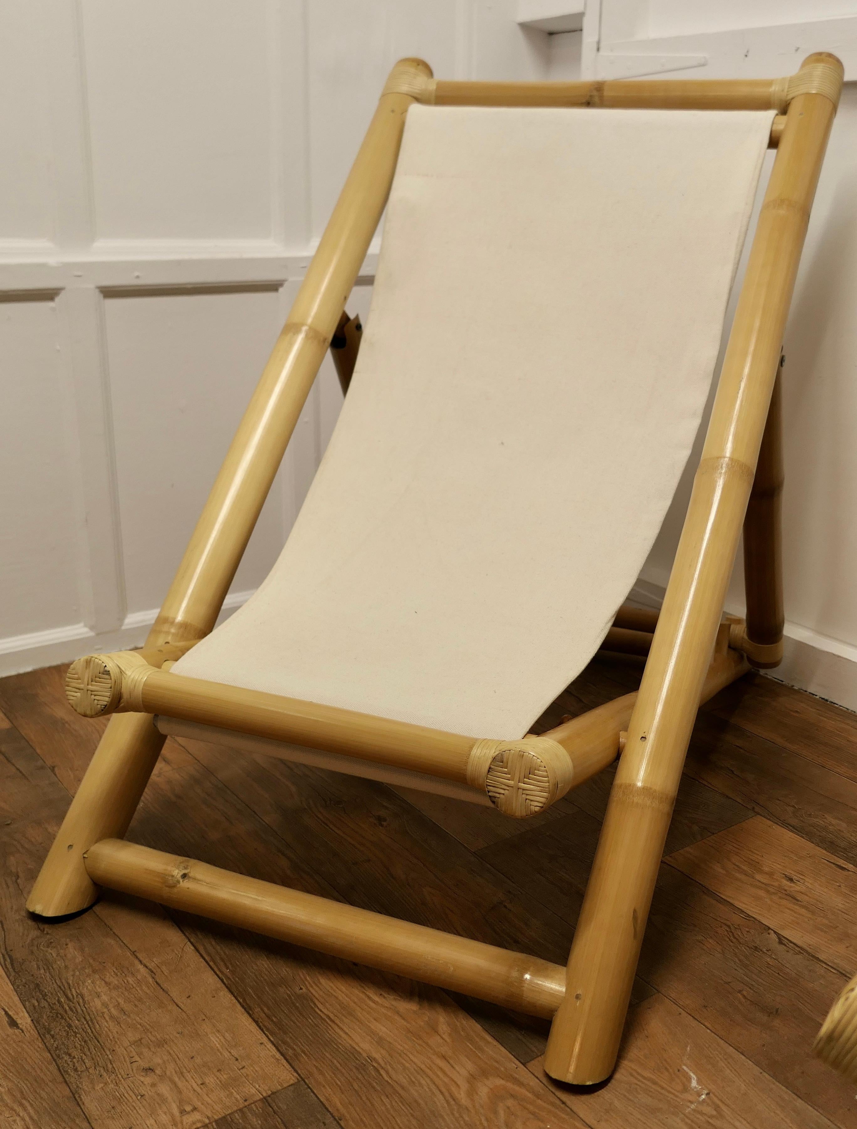 Pair of Giant Bamboo Deck Chair Set with Coffee Table For Sale 1