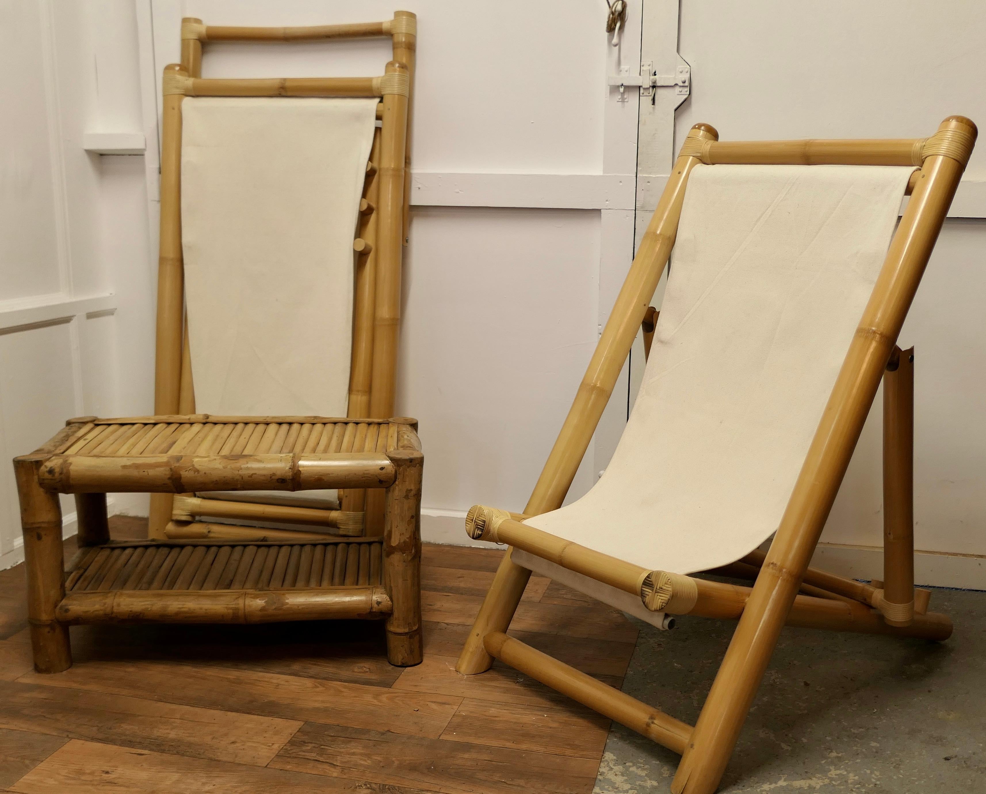 Pair of Giant Bamboo Deck Chair Set with Coffee Table For Sale 2
