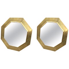 Pair of Gilded Brass and Octagonal Midcentury Italian Wall Mirrors, 1970