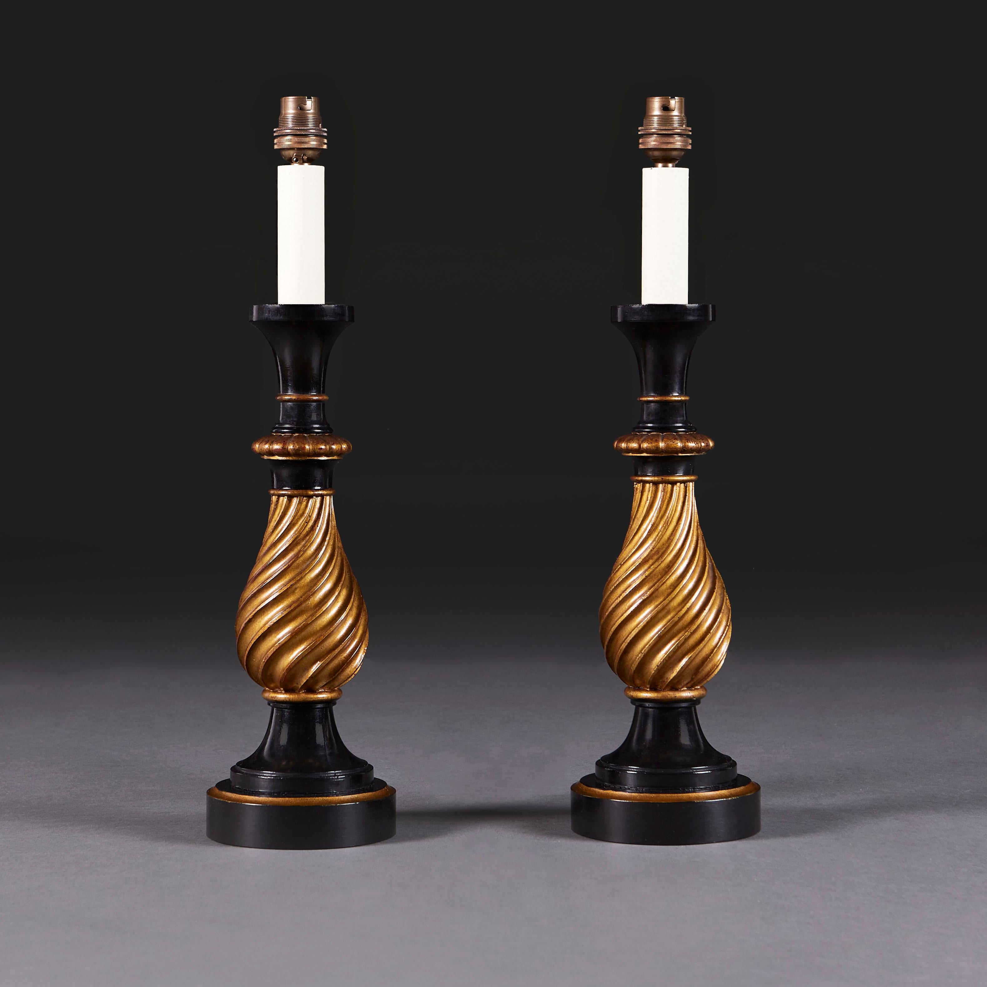 Regency A Pair of Gilded Spiral Baluster Lamps For Sale