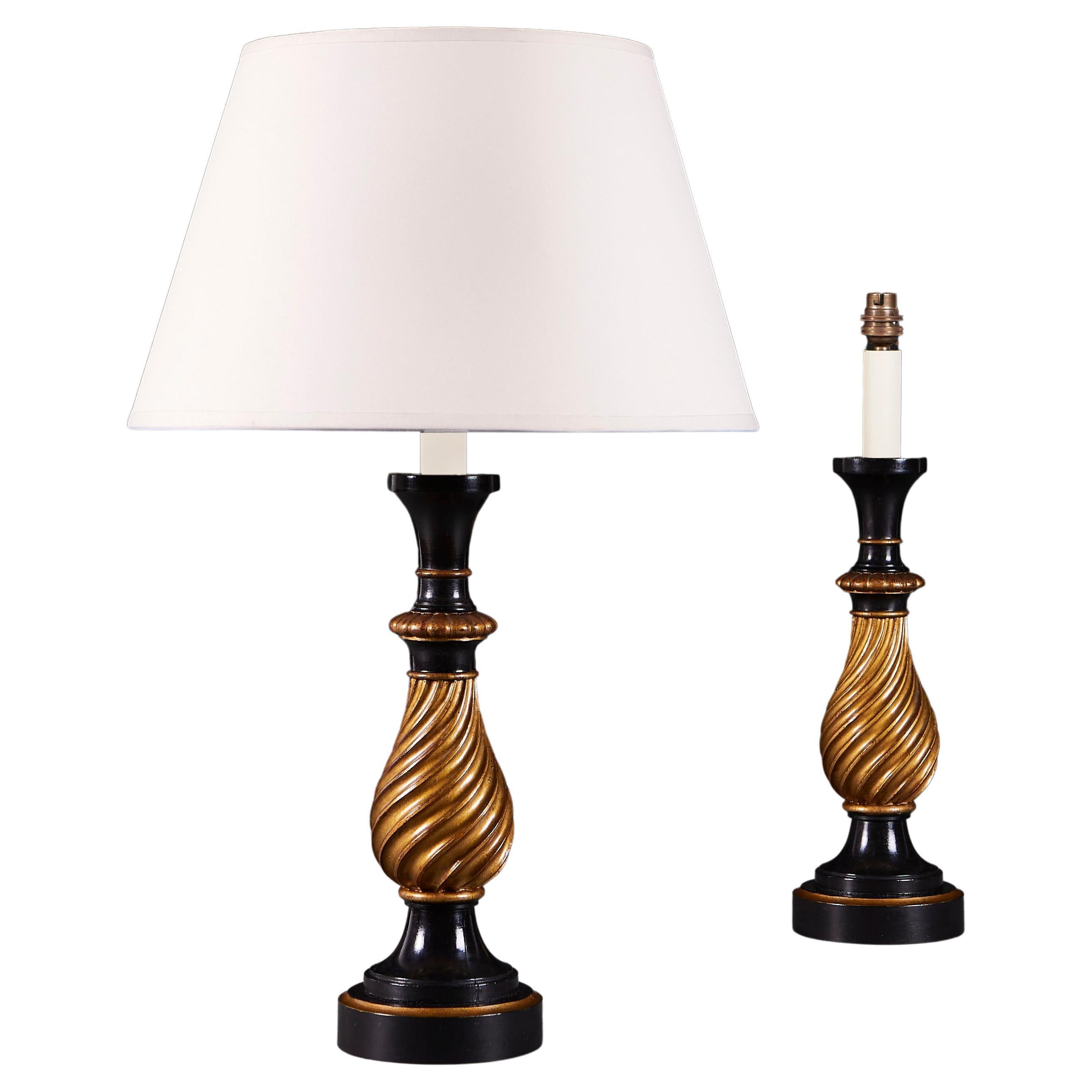 A Pair of Gilded Spiral Baluster Lamps For Sale