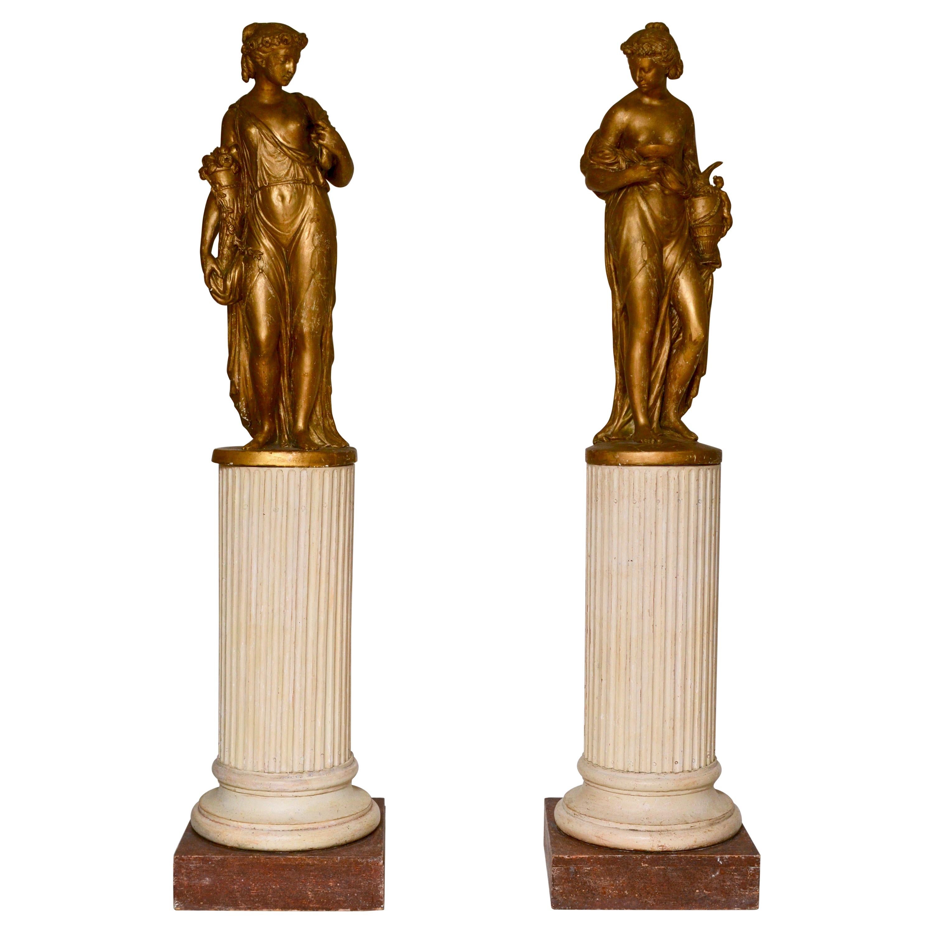 Pair of Gilt Allegorical Plaster Sculptures Representing Spring and Autumn