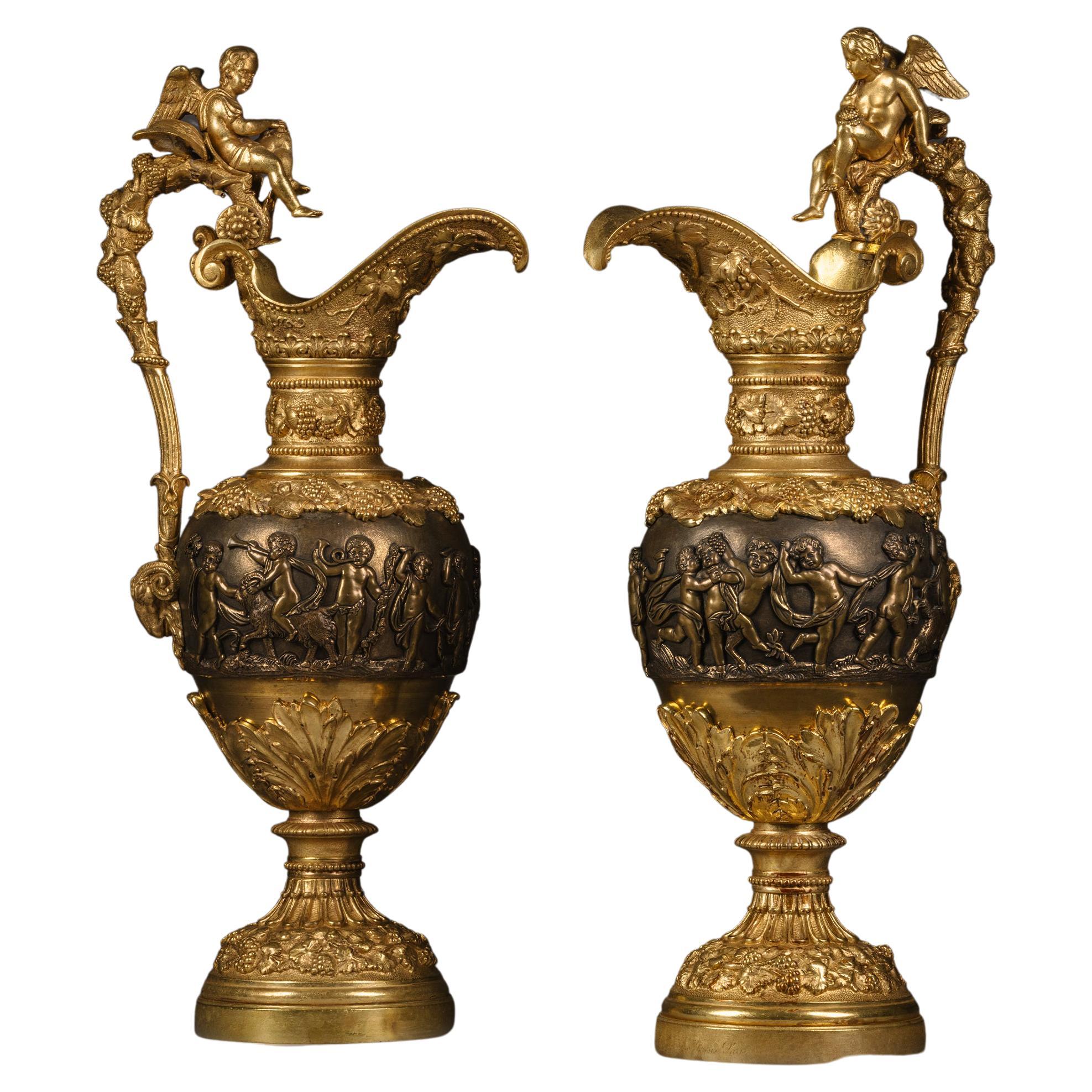 Pair of Gilt and Patinated Bronze Ewers by Maison Giroux