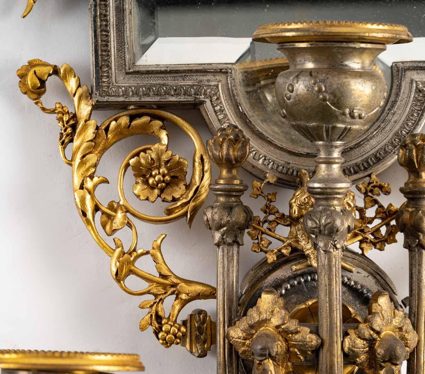 European Pair of Gilt and Silvered Bronze Sconces, 19th Century