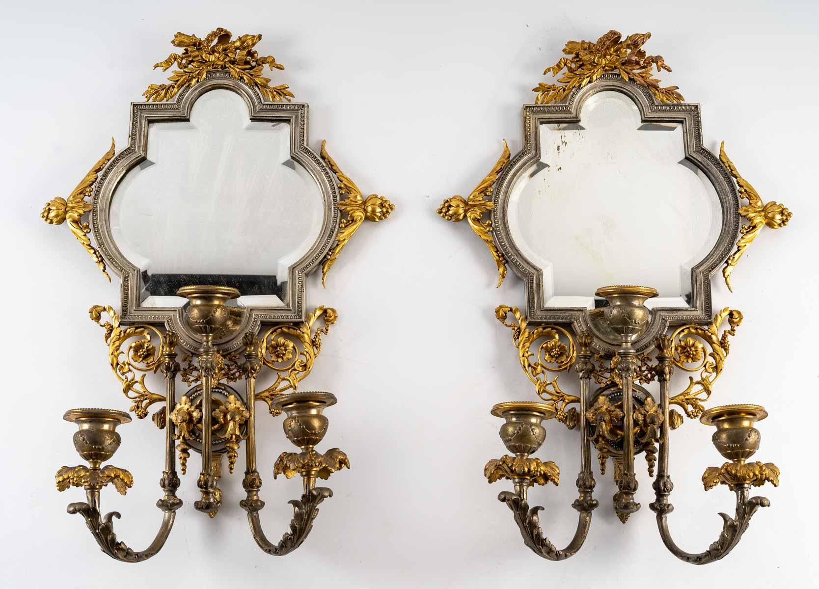 Pair of Gilt and Silvered Bronze Sconces, 19th Century 3