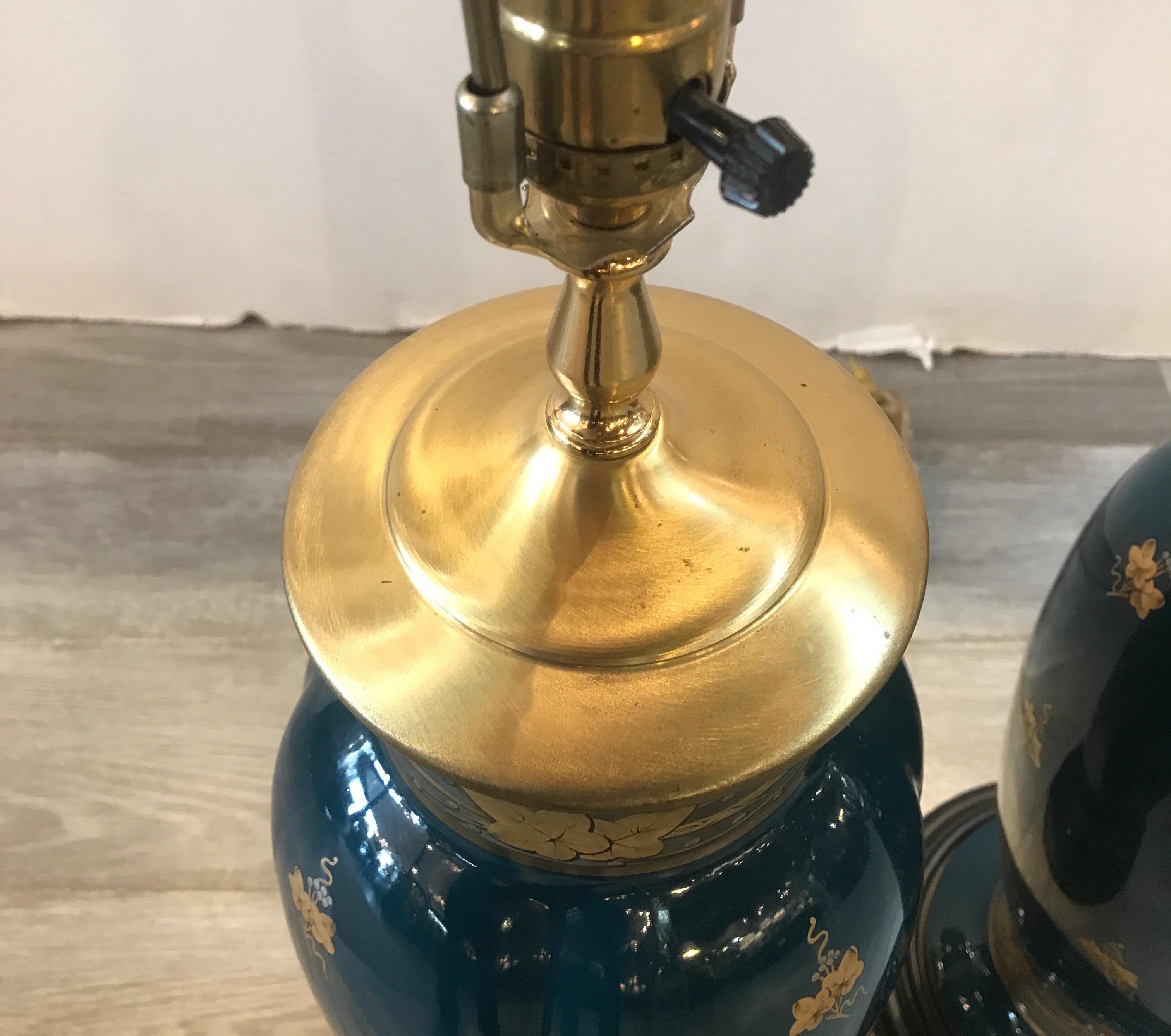 Pair of Gilt and Silvered Deep Teal Lamps 6