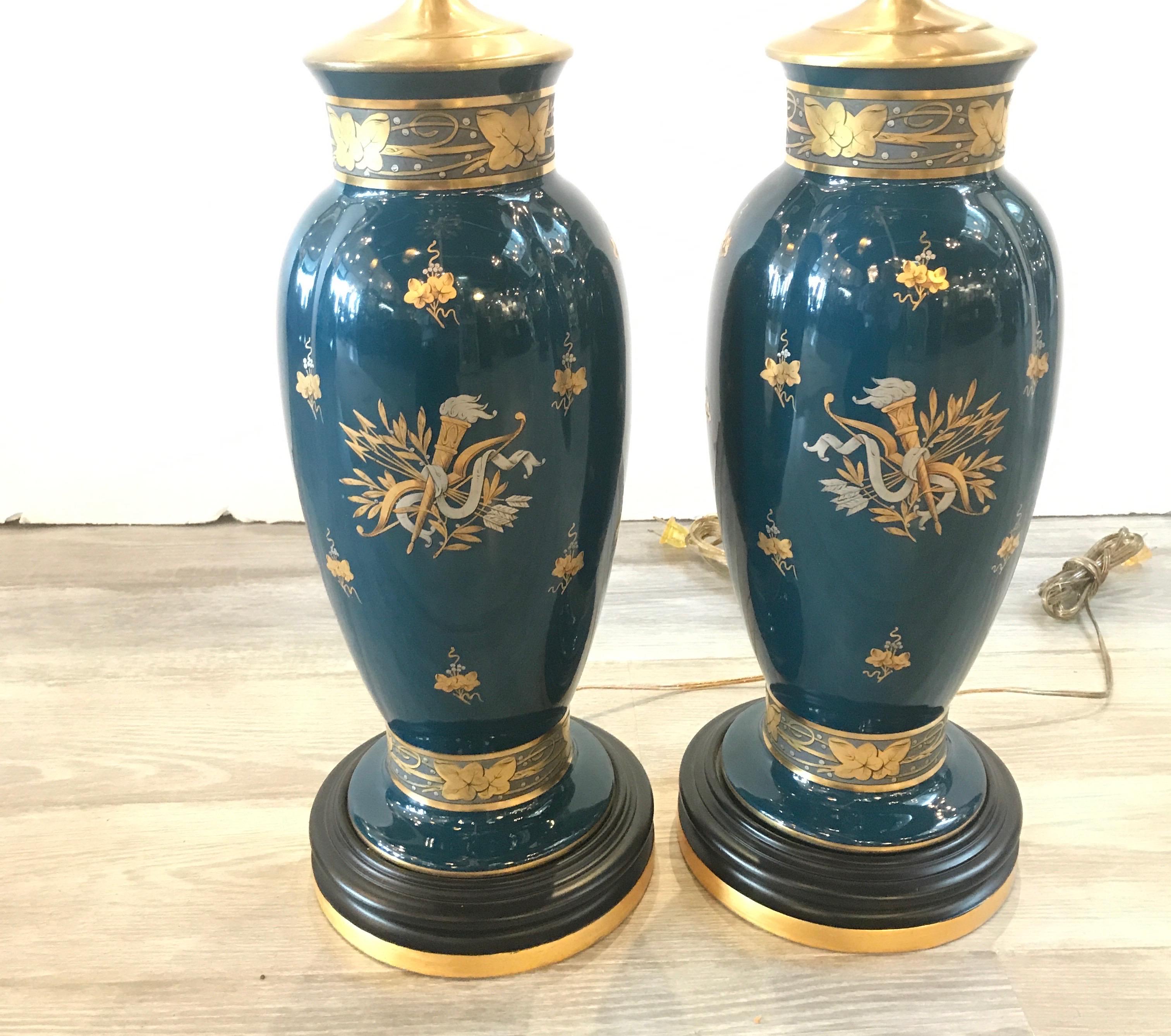 American Pair of Gilt and Silvered Deep Teal Lamps