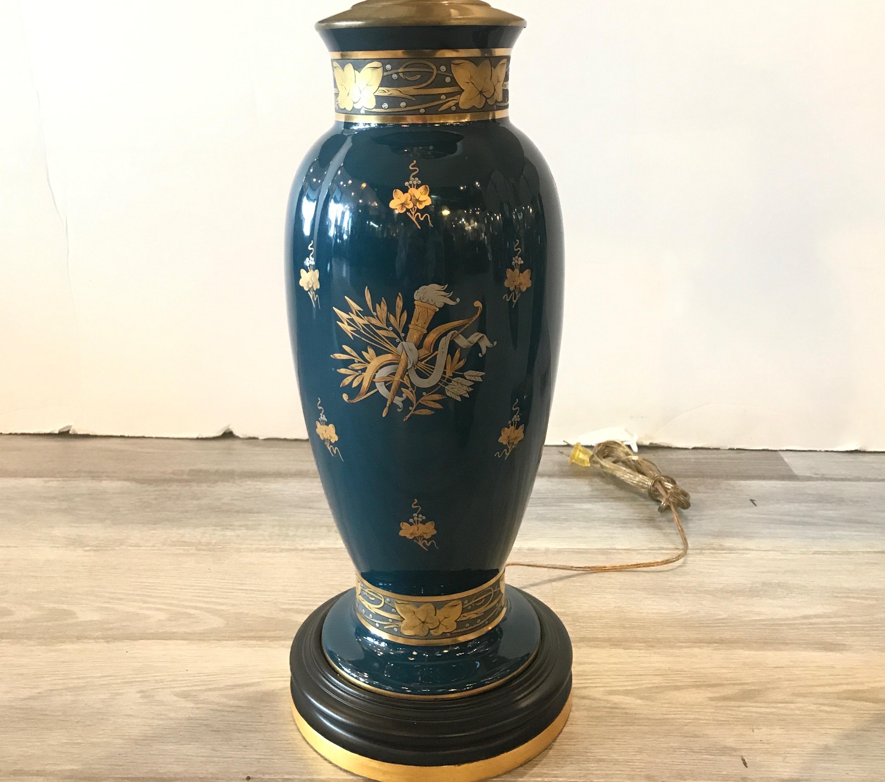 Pair of Gilt and Silvered Deep Teal Lamps In Excellent Condition In Lambertville, NJ