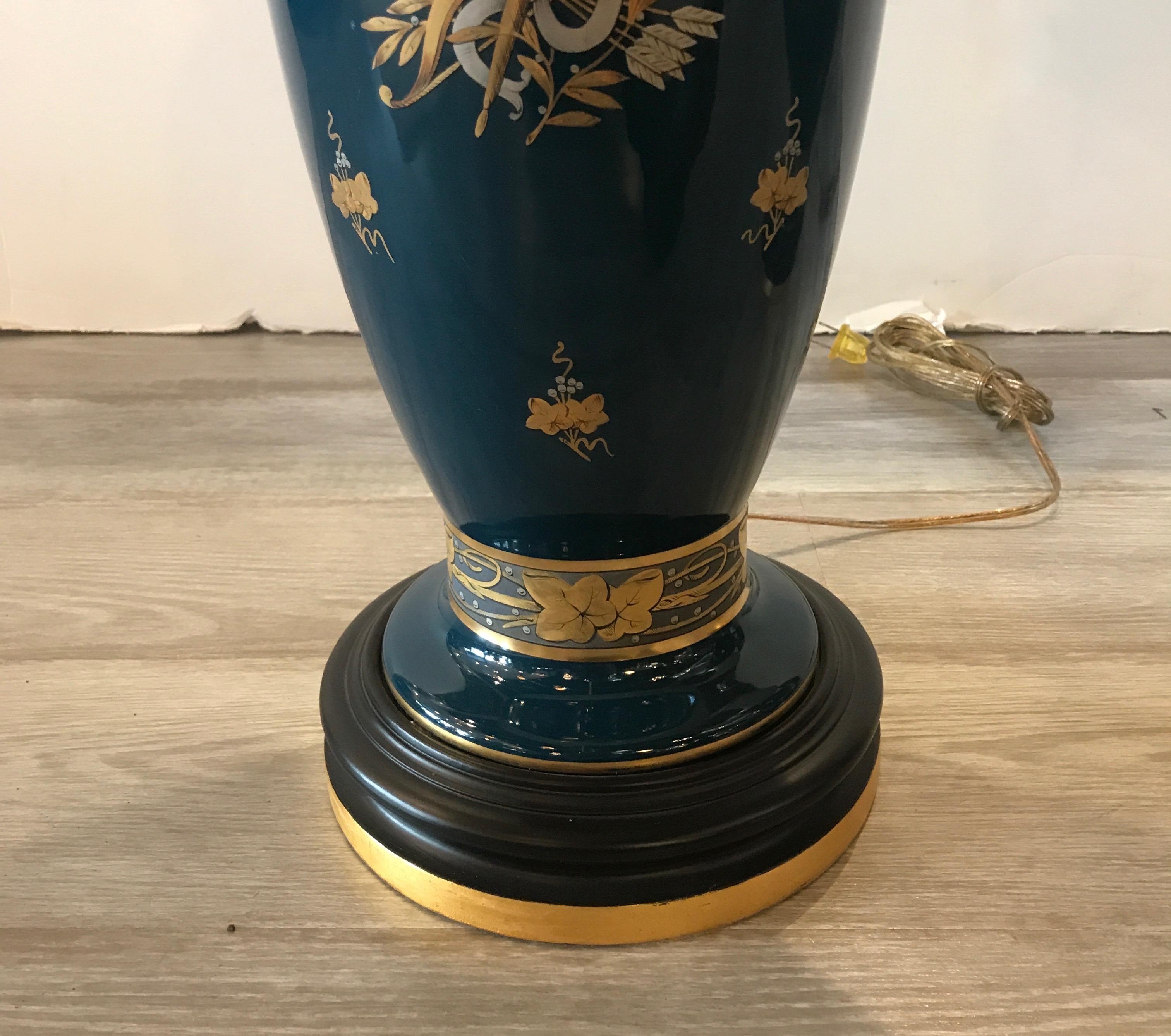 Porcelain Pair of Gilt and Silvered Deep Teal Lamps