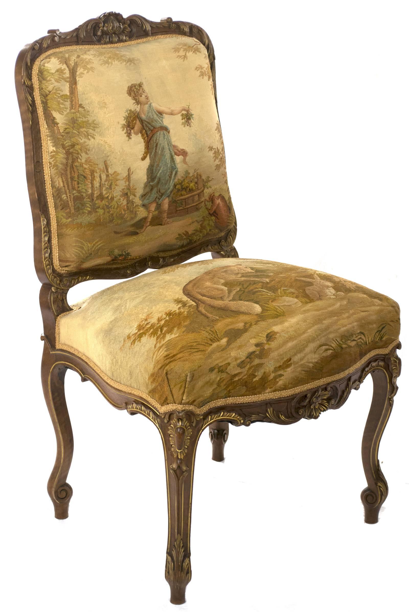French Pair of Parcel-gilt Aubusson Tapestry Walnut Side Chairs For Sale