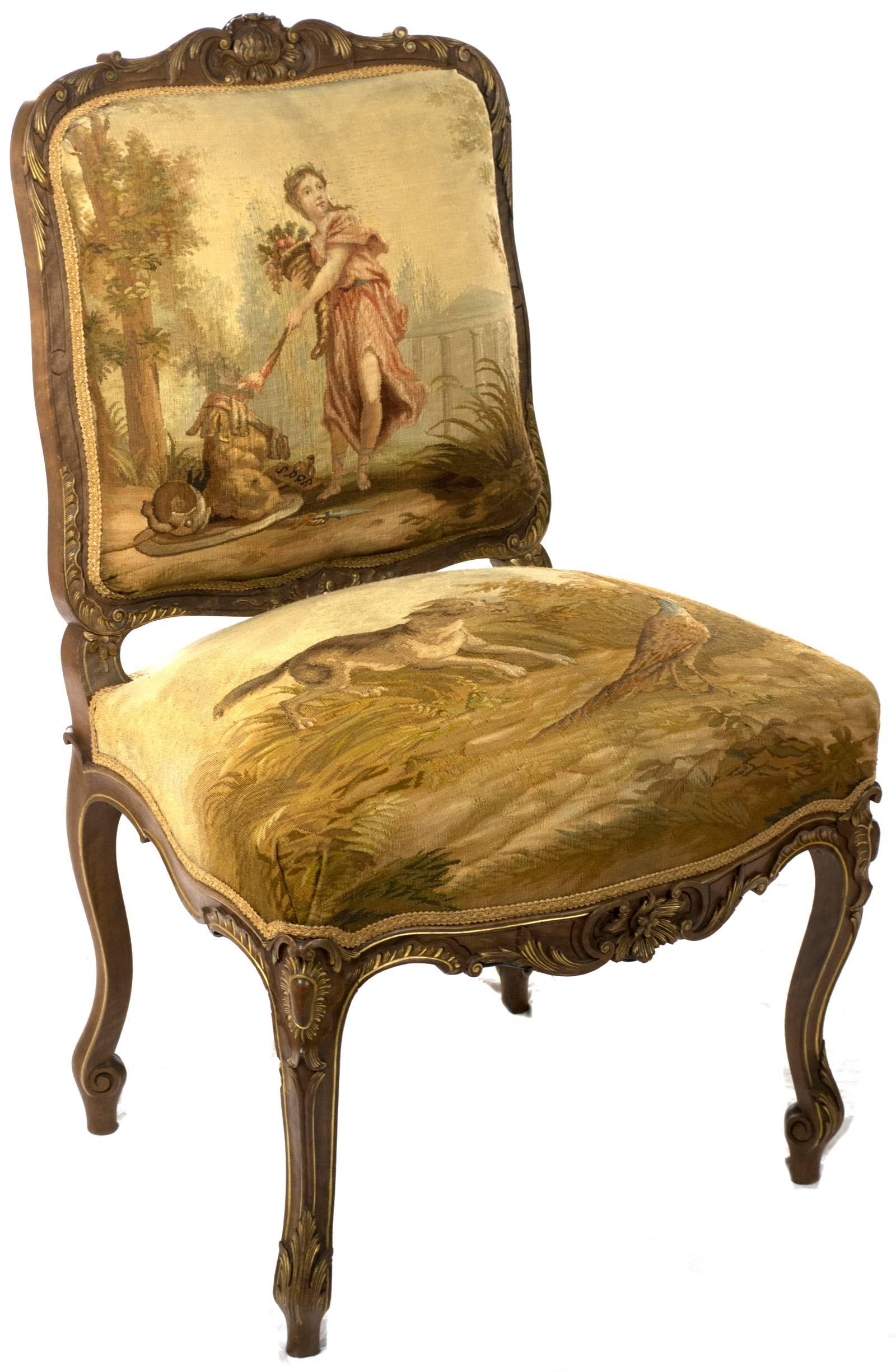 Pair of Parcel-gilt Aubusson Tapestry Walnut Side Chairs In Good Condition For Sale In Salt Lake City, UT