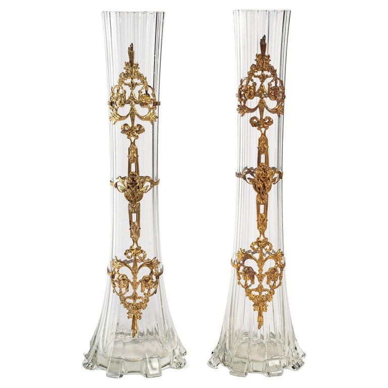 Pair of Gilt Brass and Crystal Vases For Sale at 1stDibs