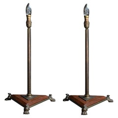 Pareja de lámparas inglesas de sobremesa de latón dorado y madera.