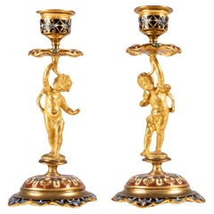 A Pair of Gilt Bronze and Cloisonné Enamel Candlesticks, Napoleon III.