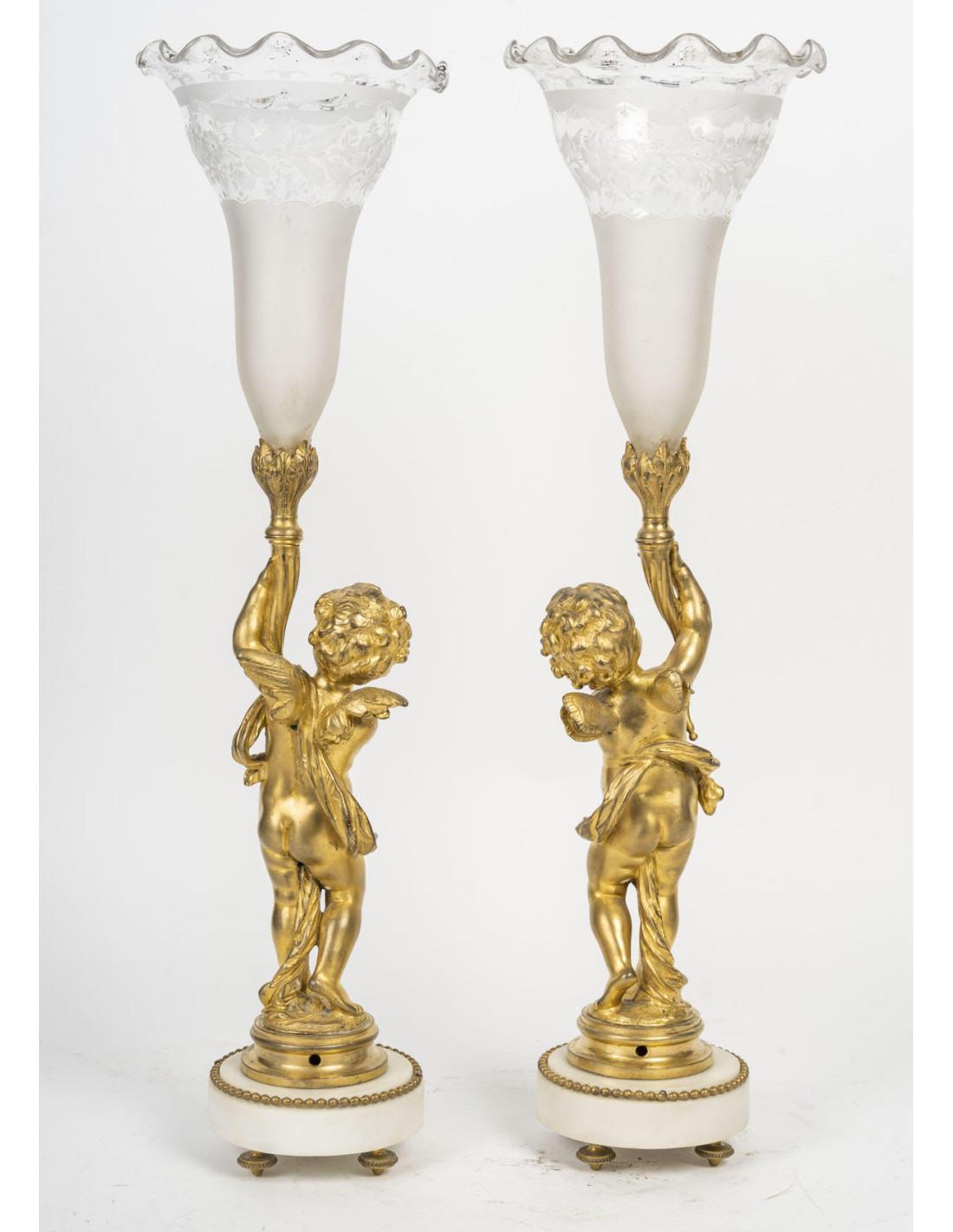 Bronzo Coppia di vasi Cornet in bronzo dorato e cristallo, XIX secolo. in vendita