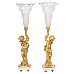 Antique A Pair of Gilt Bronze and Crystal Cornet Vases, 19th Century.