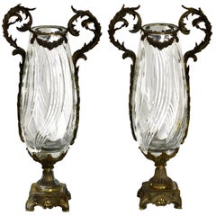 Vintage Pair of Gilt Bronze and Cut Glass Vases