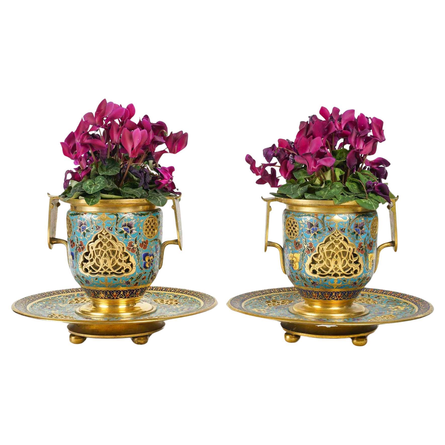 A Pair of Gilt Bronze and Enamelled Goblets or Cache-Pots, Napoleon III Period. For Sale