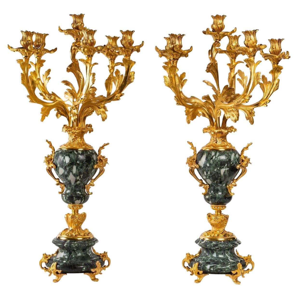 Pair of Candelabras in Gilt Bronze and White Marble For Sale at 1stDibs