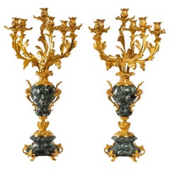 Pair of Gilt Bronze and Green Marble Candelabras, 19th Century