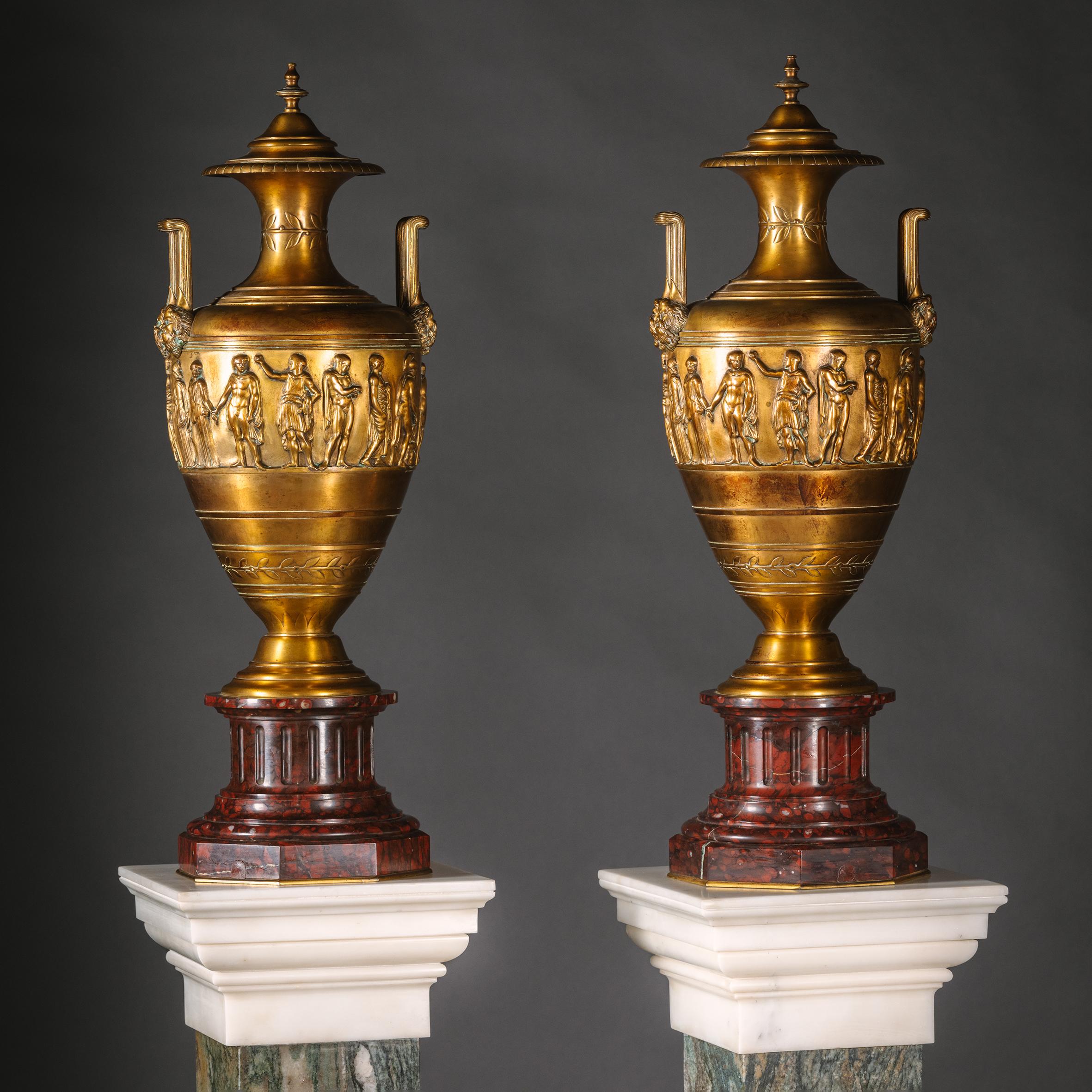 Neoclassical Revival Pair of Gilt-Bronze and Rouge Griotte Marble Vases and Covers For Sale