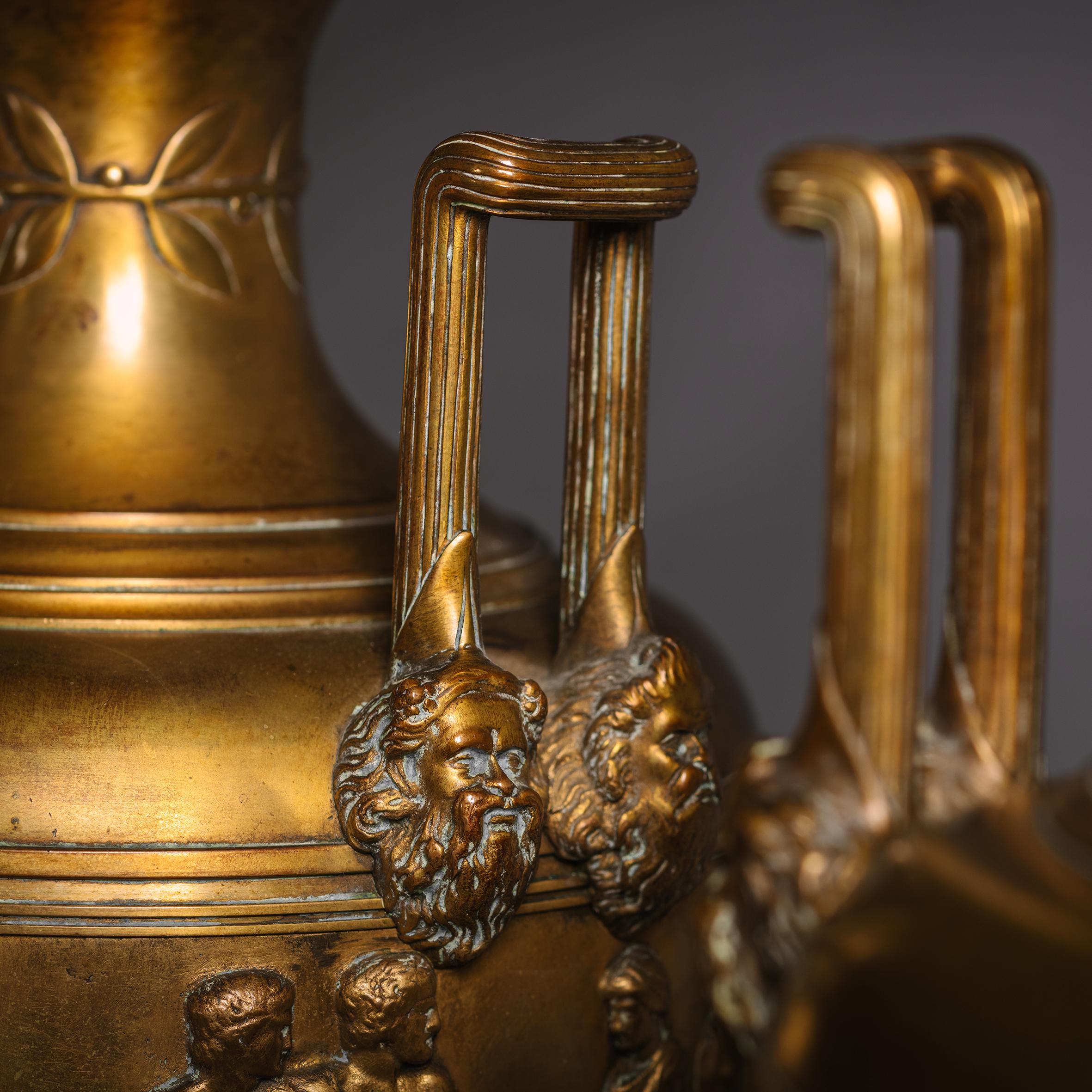 Patinated Pair of Gilt-Bronze and Rouge Griotte Marble Vases and Covers For Sale