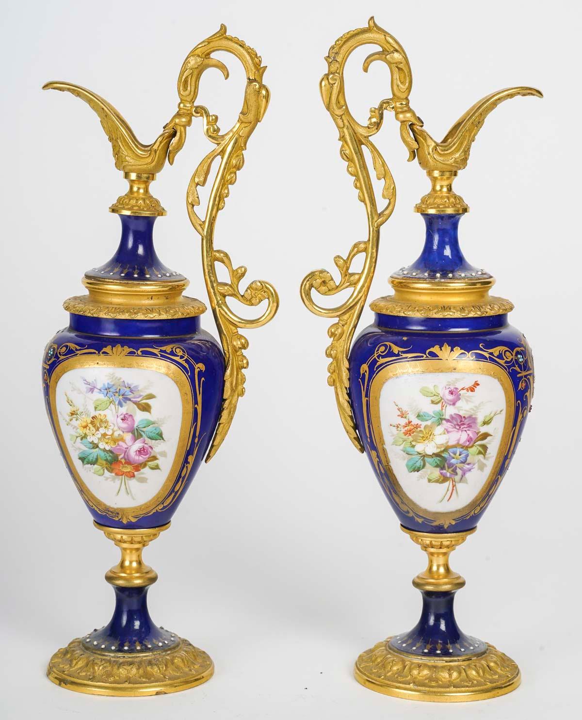 French A pair of Gilt Bronze and Royal Blue Porcelain Ewers, 19th Century, Napoleon III For Sale