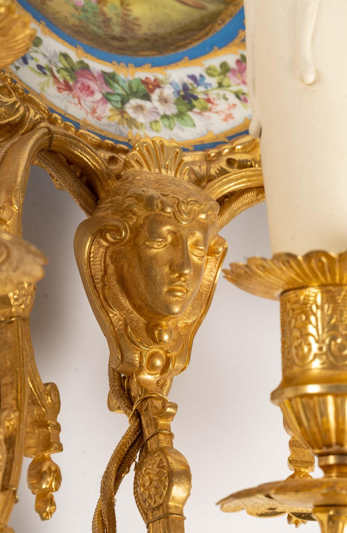 French Pair of Gilt Bronze and Sèvres Porcelain Sconces