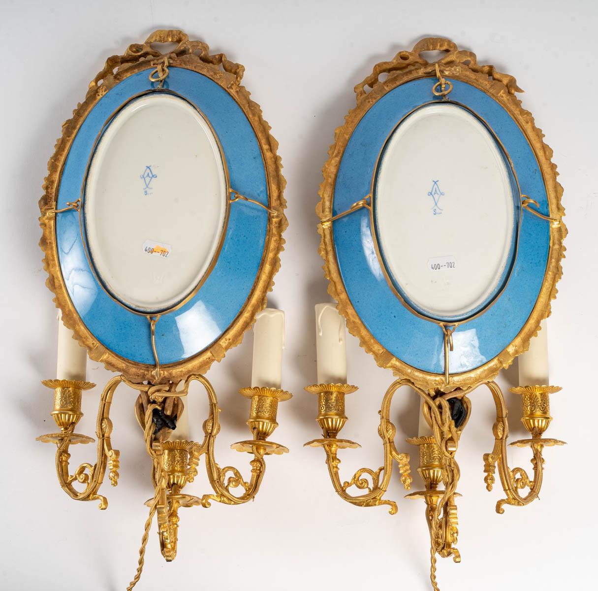20th Century Pair of Gilt Bronze and Sèvres Porcelain Sconces