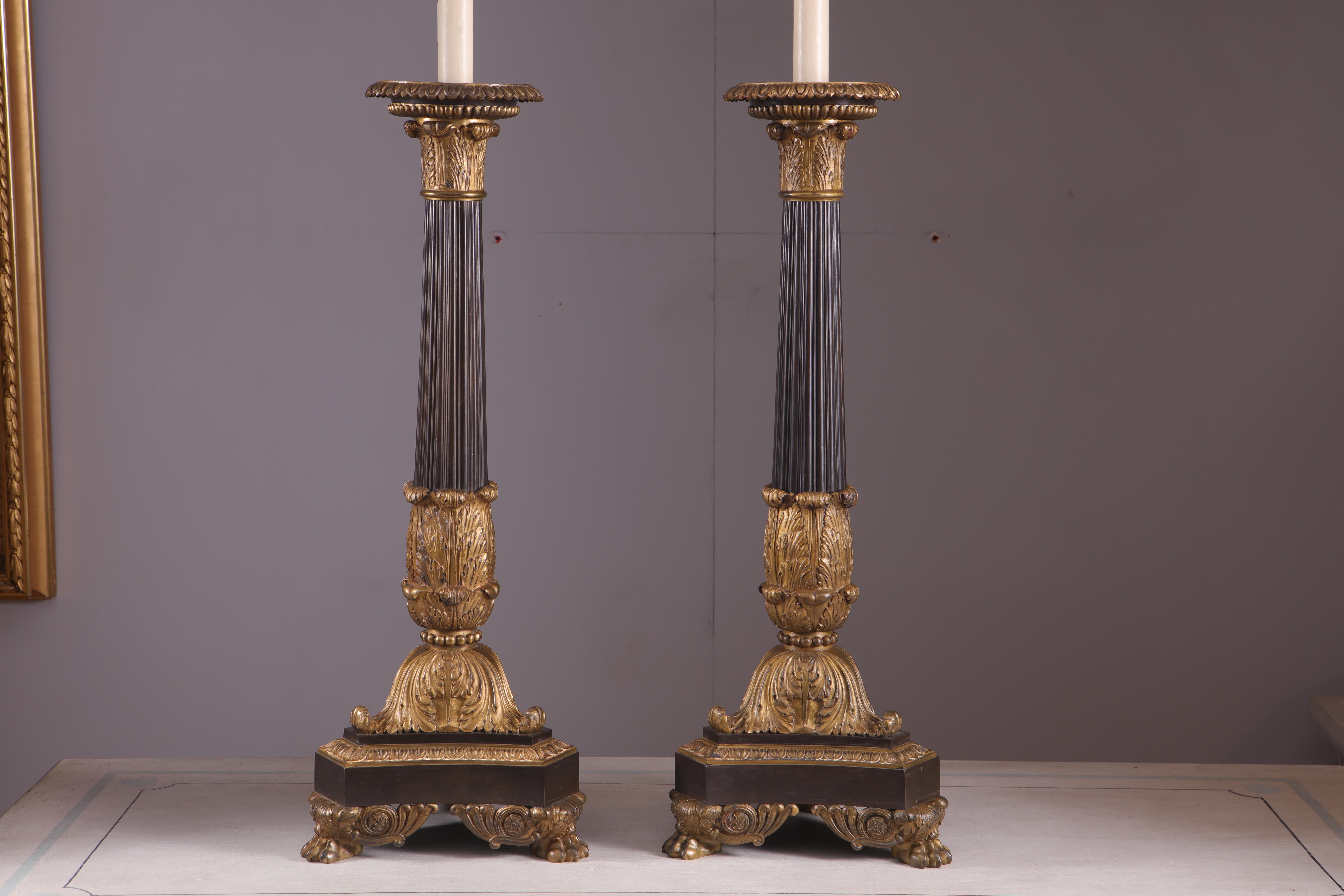 A pair of gilt bronze empire column 19th C table lamps For Sale 1