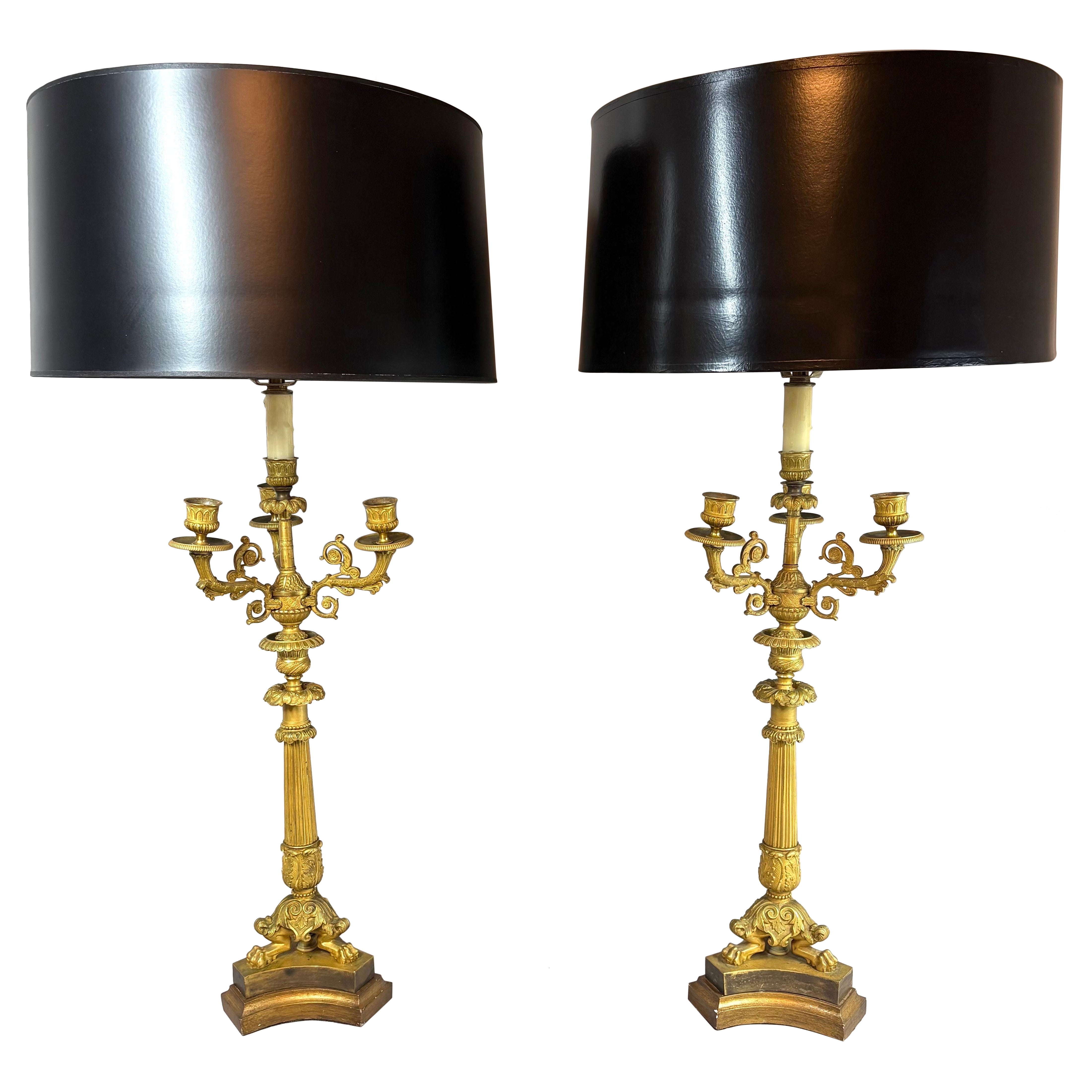 A pair of gilt bronze Empire style candelabra / lamps circa 1860