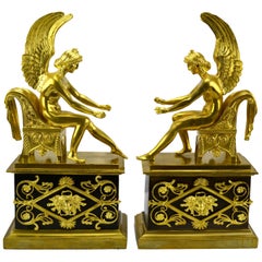 Antique Pair of Gilt Bronze French Empire Style Fireplace Vestal Virgin Chenets