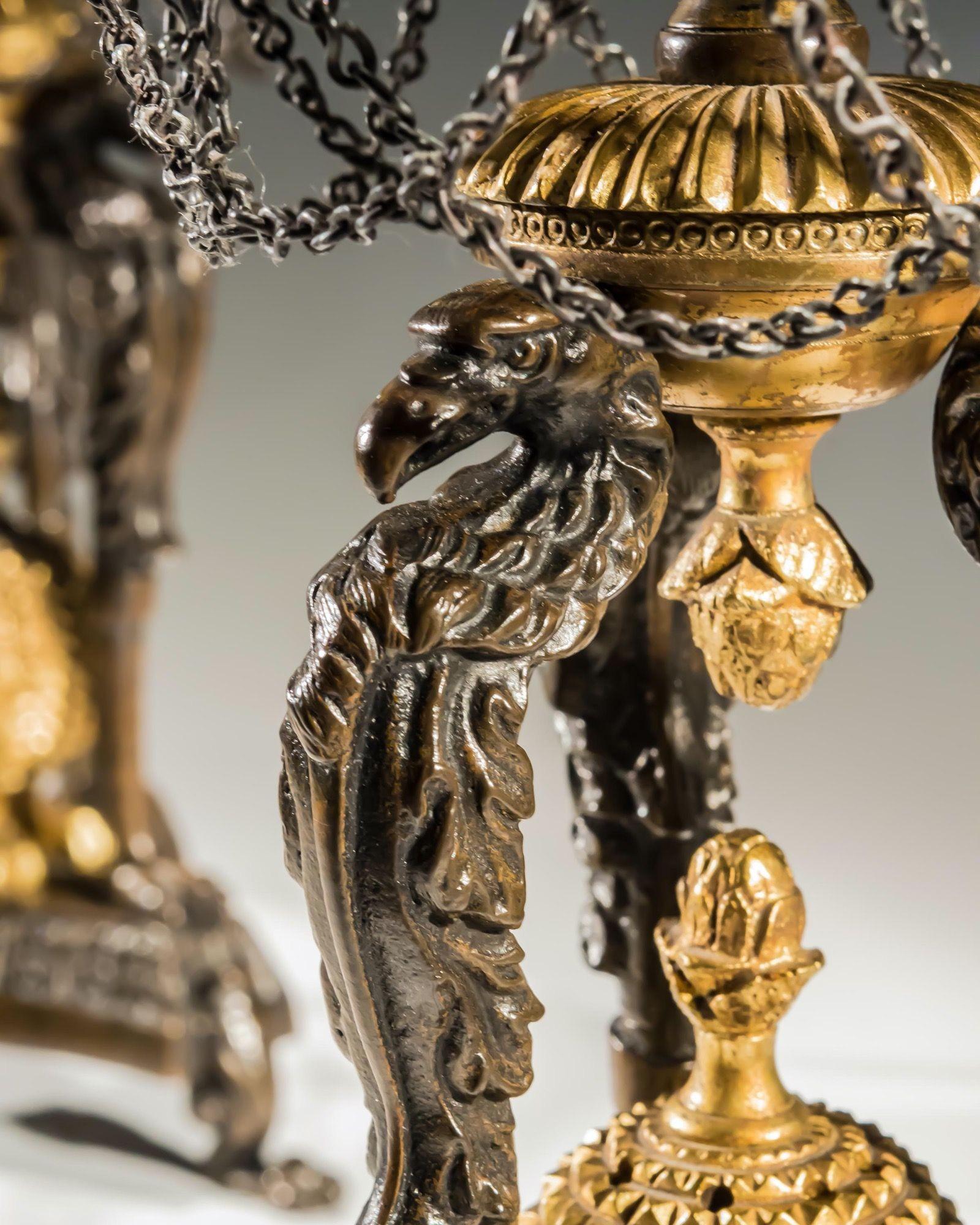 Early 19th Century Pair of Gilt Bronze Griffin Storm Lights For Sale