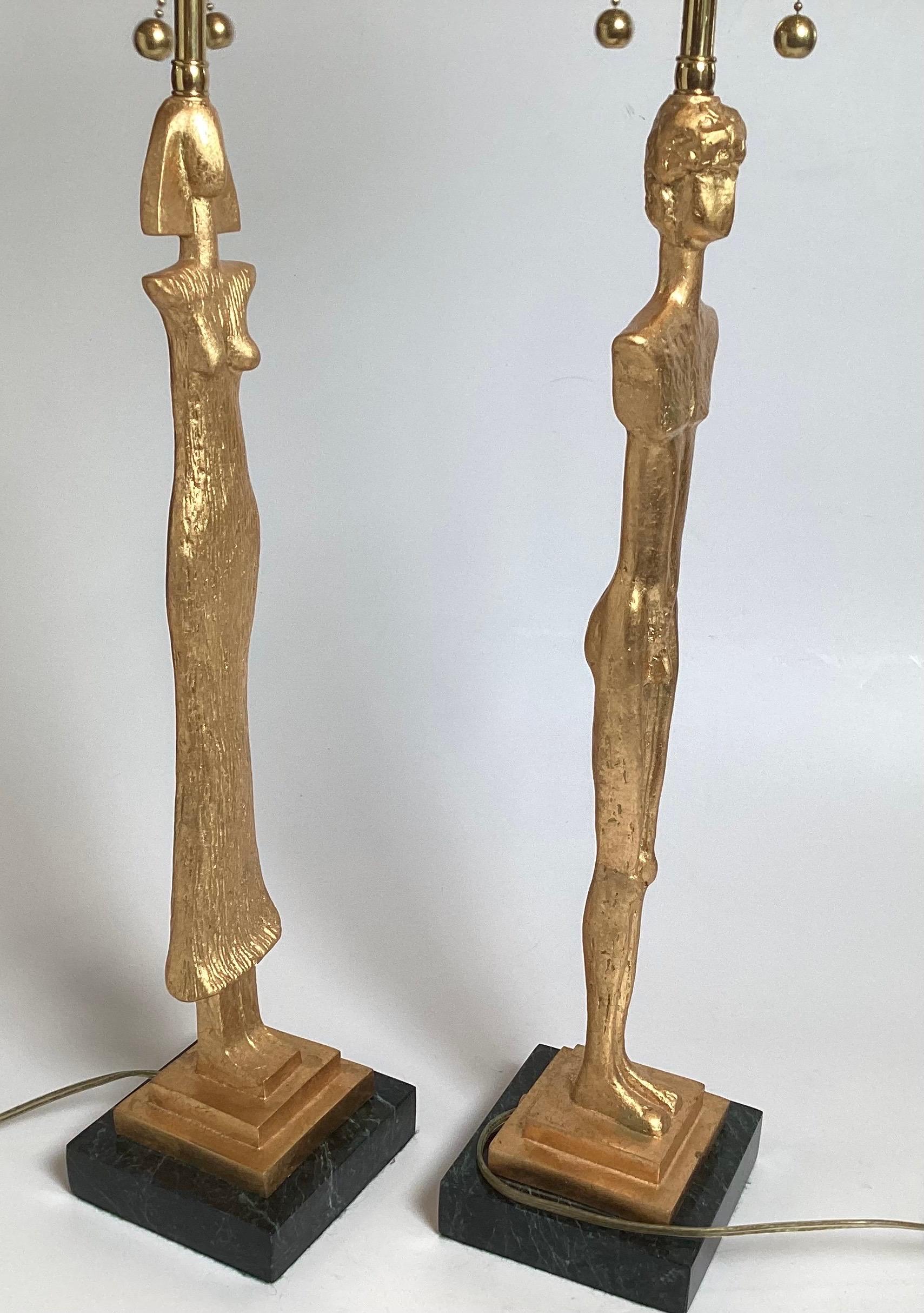 A Pair of Gilt Bronze Lamps After Giacometti For Sale 1