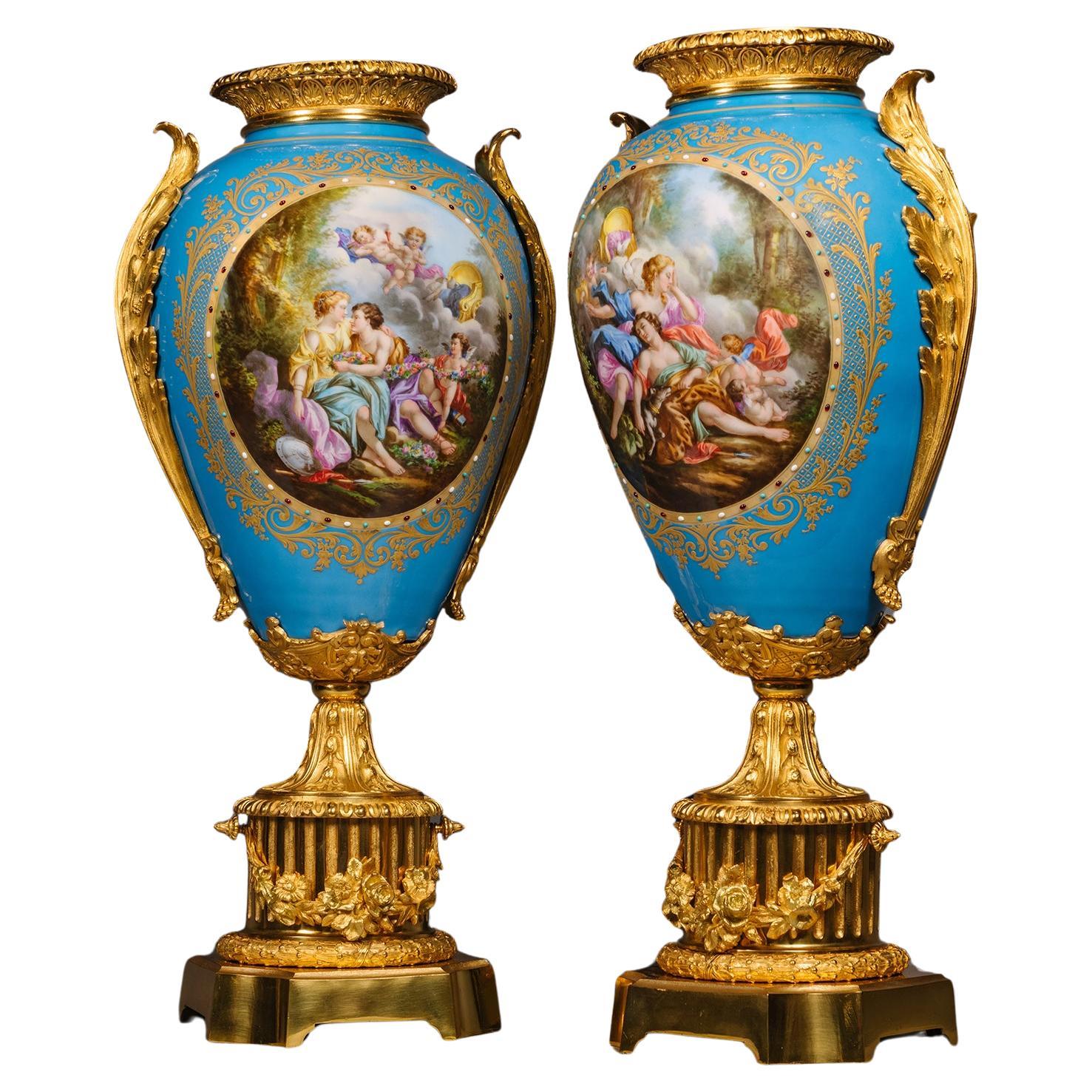 A Pair of Gilt-Bronze Mounted Sèvres Style Porcelain Vases