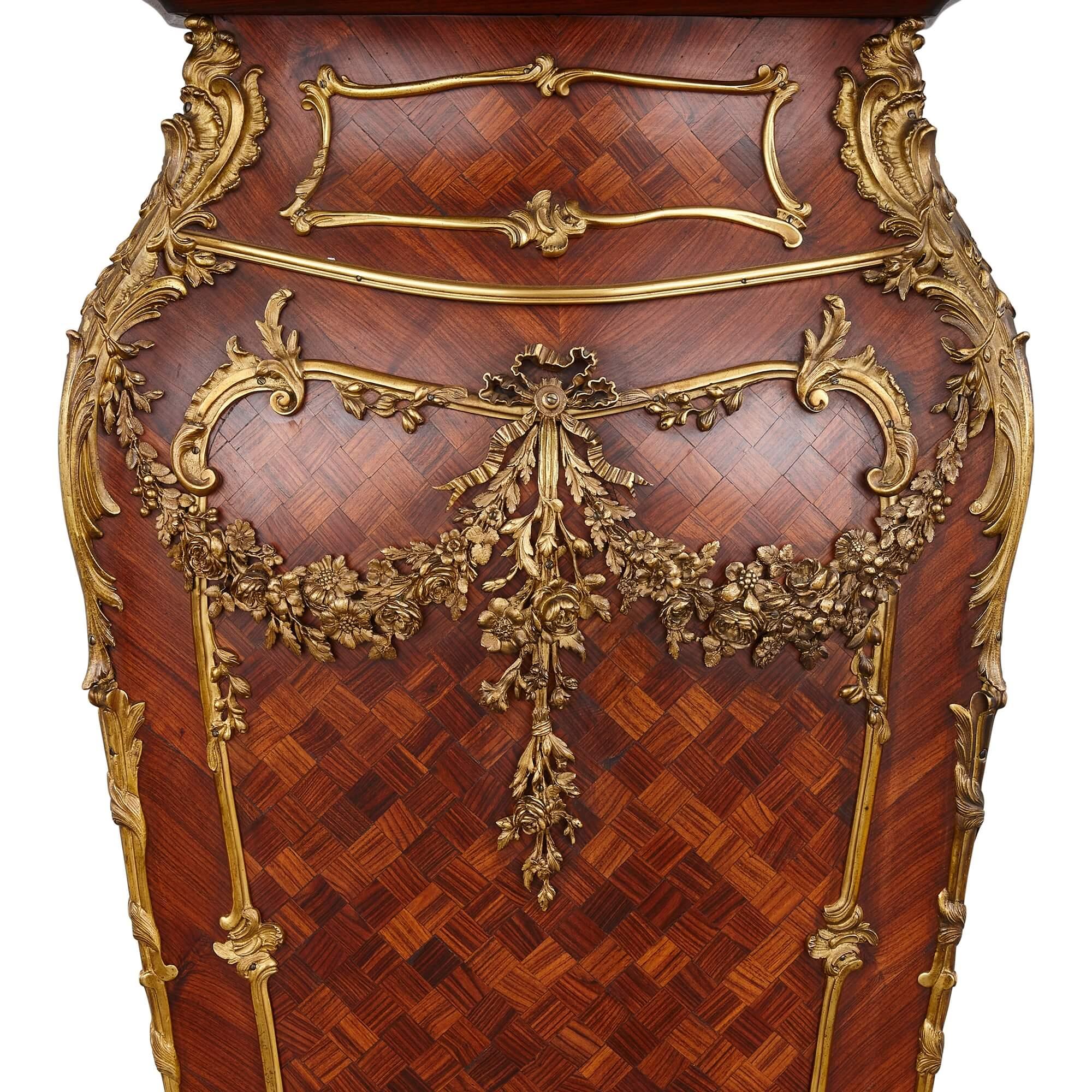 French Pair of Gilt-Bronze, Parquetry and Marble Pedestal by Alexandre Hugnet, Paris For Sale
