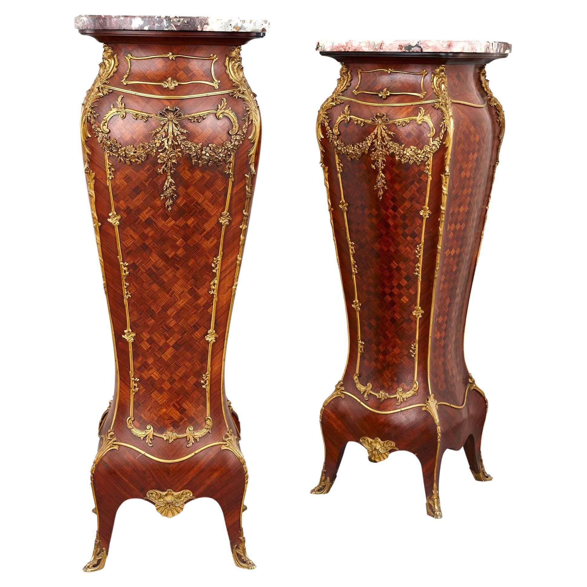 Pair of Gilt-Bronze, Parquetry and Marble Pedestal by Alexandre Hugnet, Paris For Sale