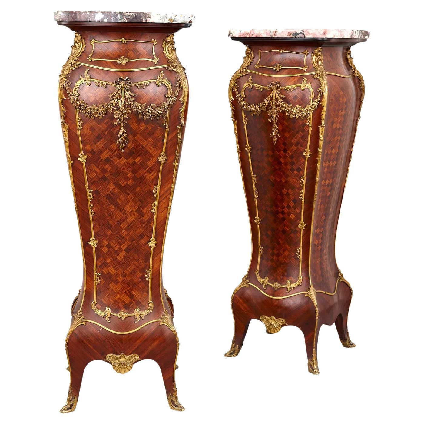 Pair of Gilt-Bronze, Parquetry and Marble Pedestal by Alexandre Hugnet ...