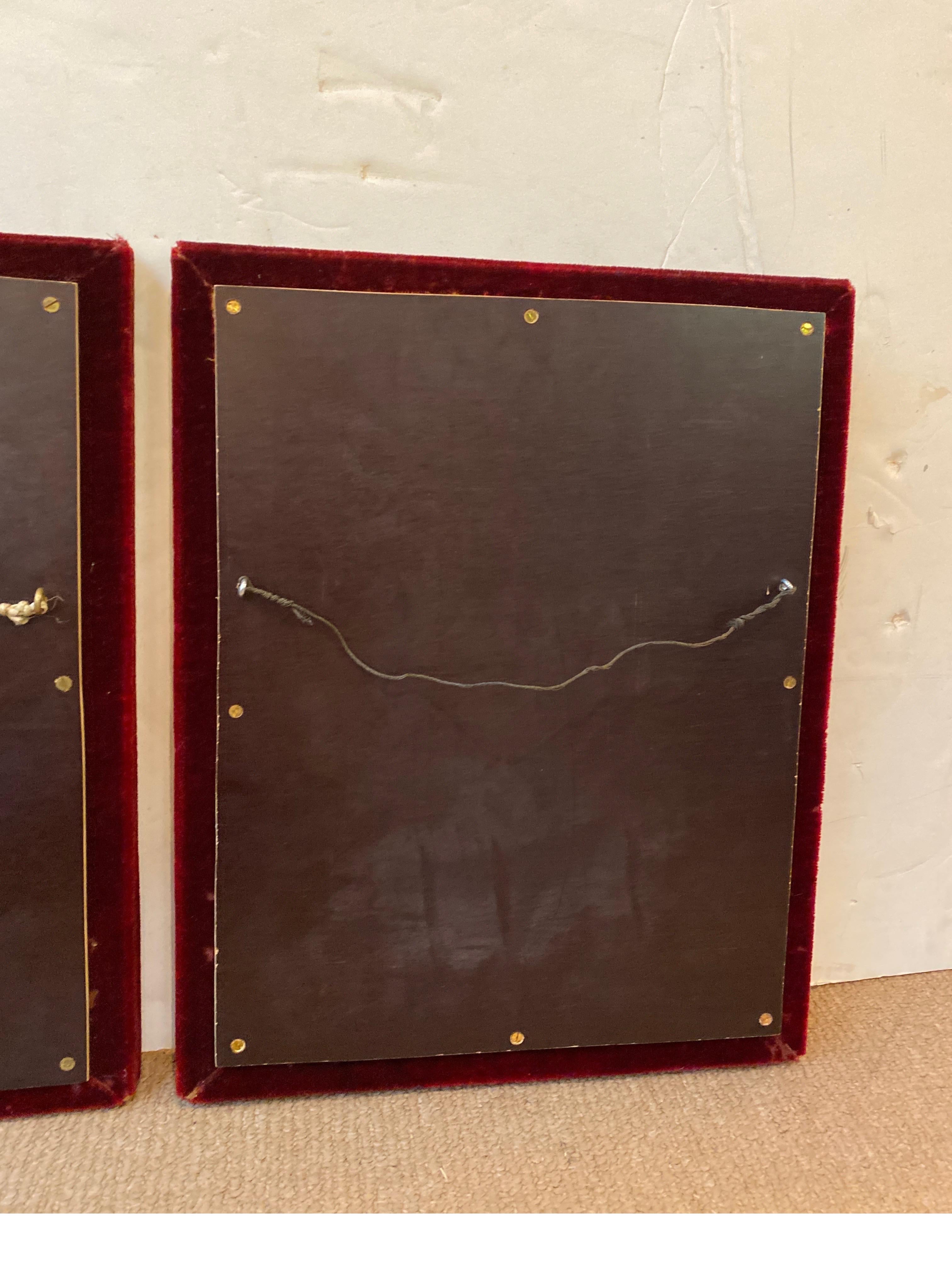 Paire de plaques en bronze doré repoussé dans des cadres en velours en vente 1