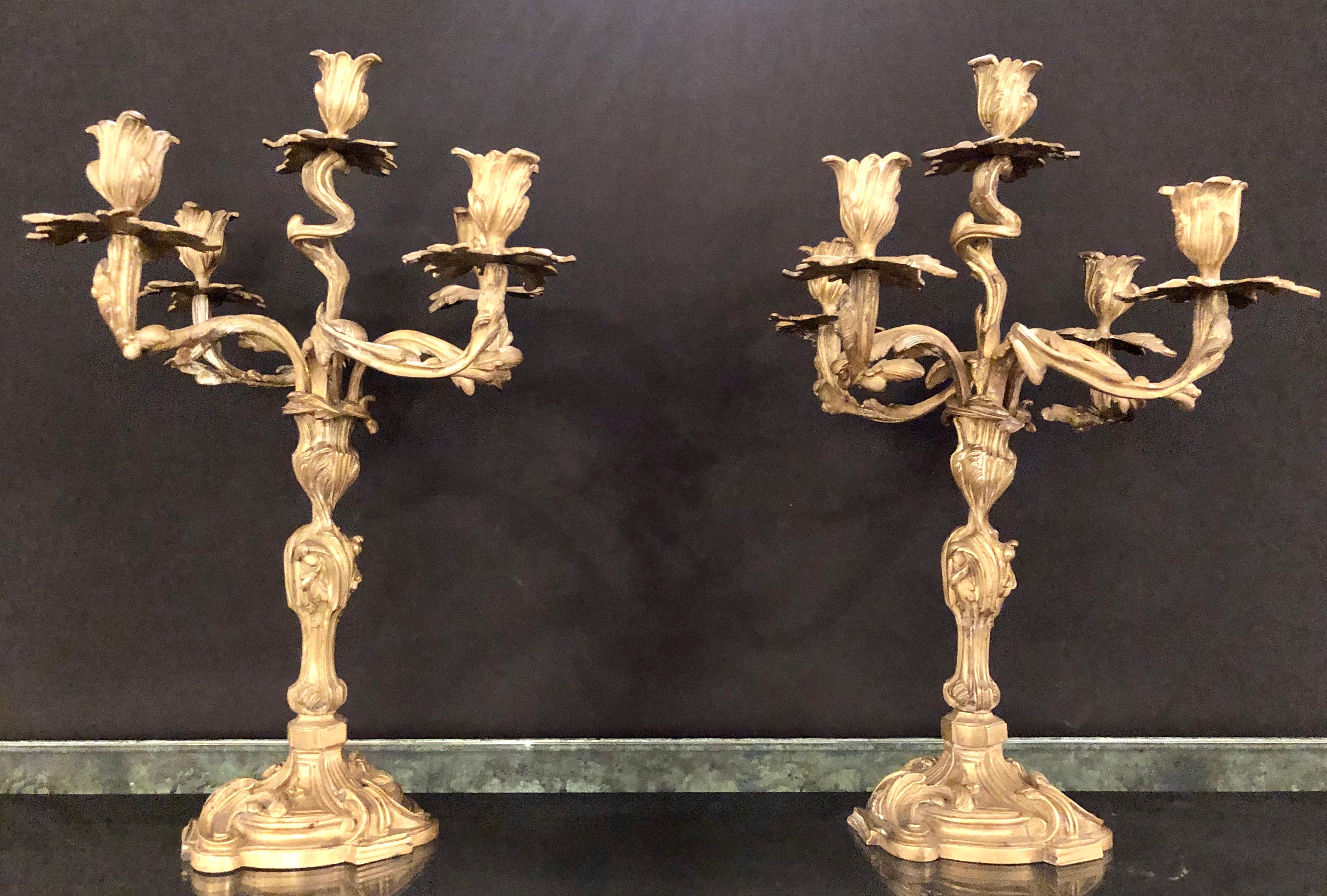 Louis XVI Pair of Gilt Bronze Rococo 19th Century Candelabras / Candlesticks, Five Arms