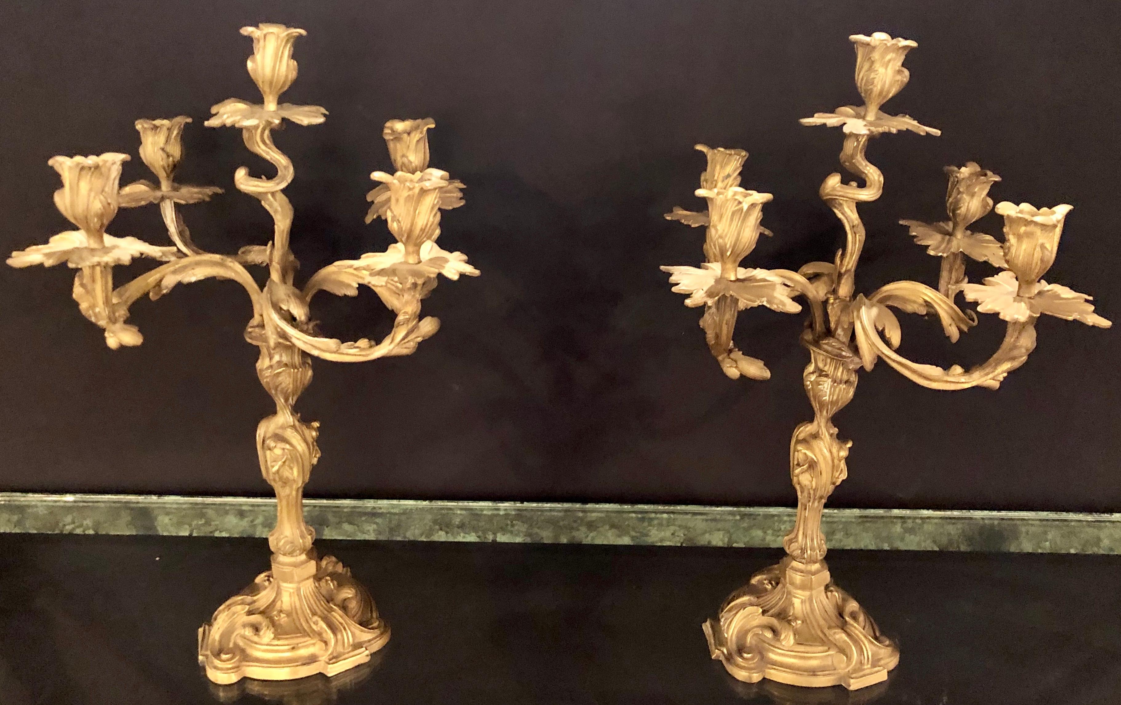 French Pair of Gilt Bronze Rococo 19th Century Candelabras / Candlesticks, Five Arms