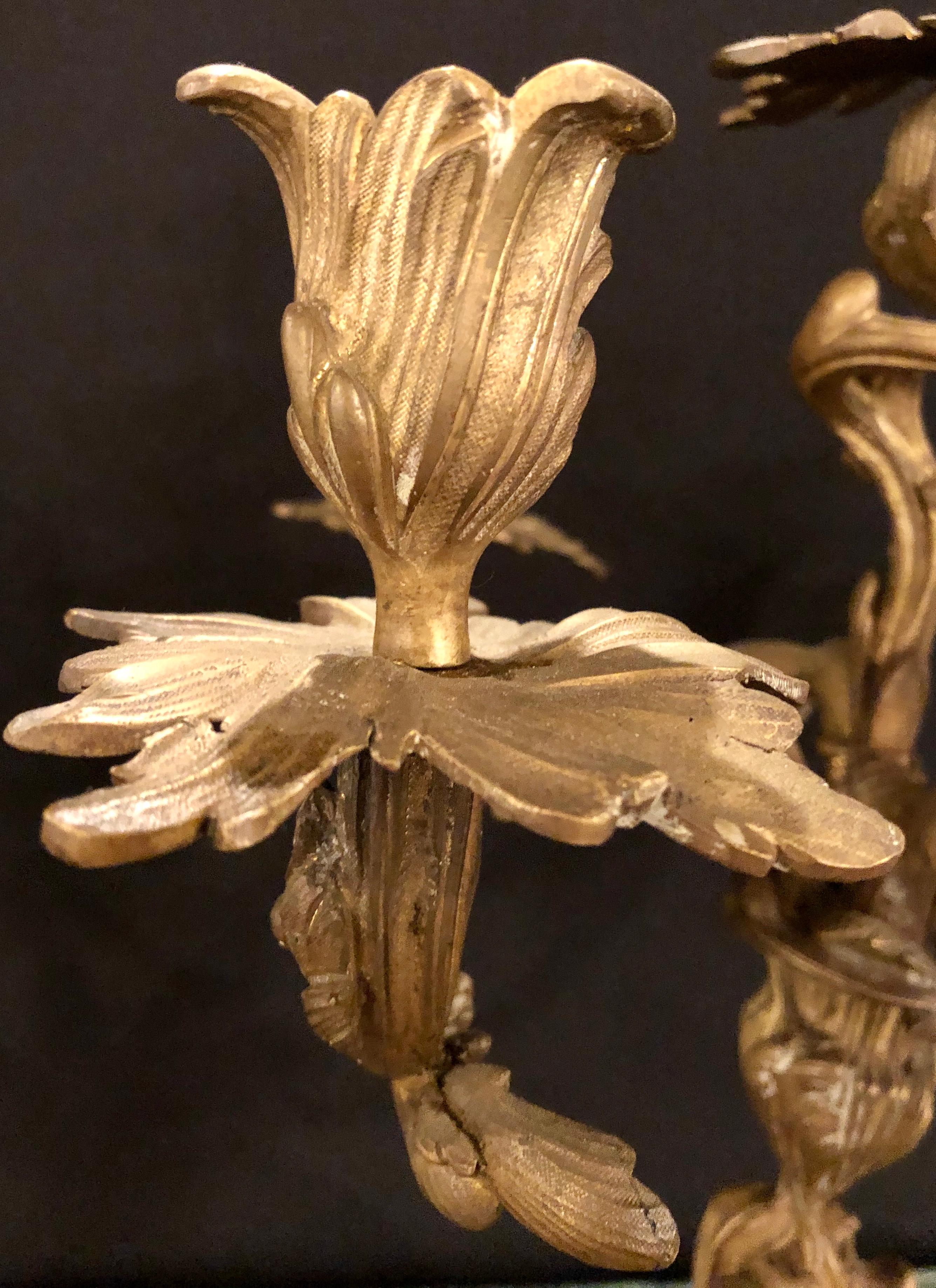 Pair of Gilt Bronze Rococo 19th Century Candelabras / Candlesticks, Five Arms In Good Condition In Manhasset, NY