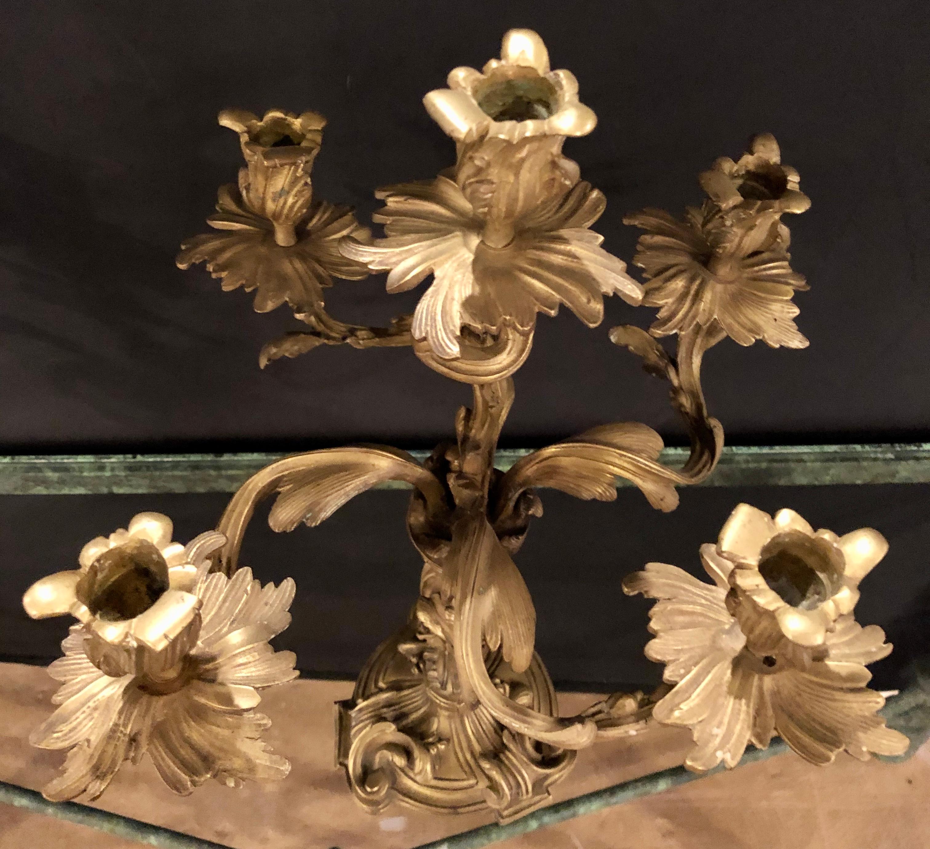 20th Century Pair of Gilt Bronze Rococo 19th Century Candelabras / Candlesticks, Five Arms