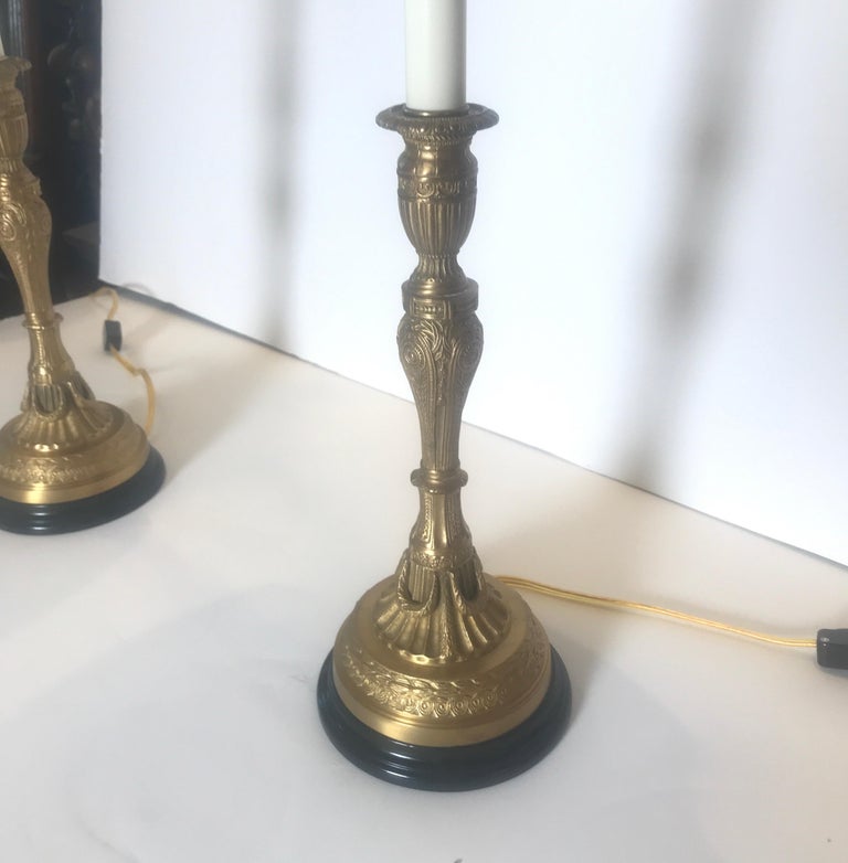 Pair of Gilt Bronze Tall Candlestick Lamps For Sale at 1stDibs