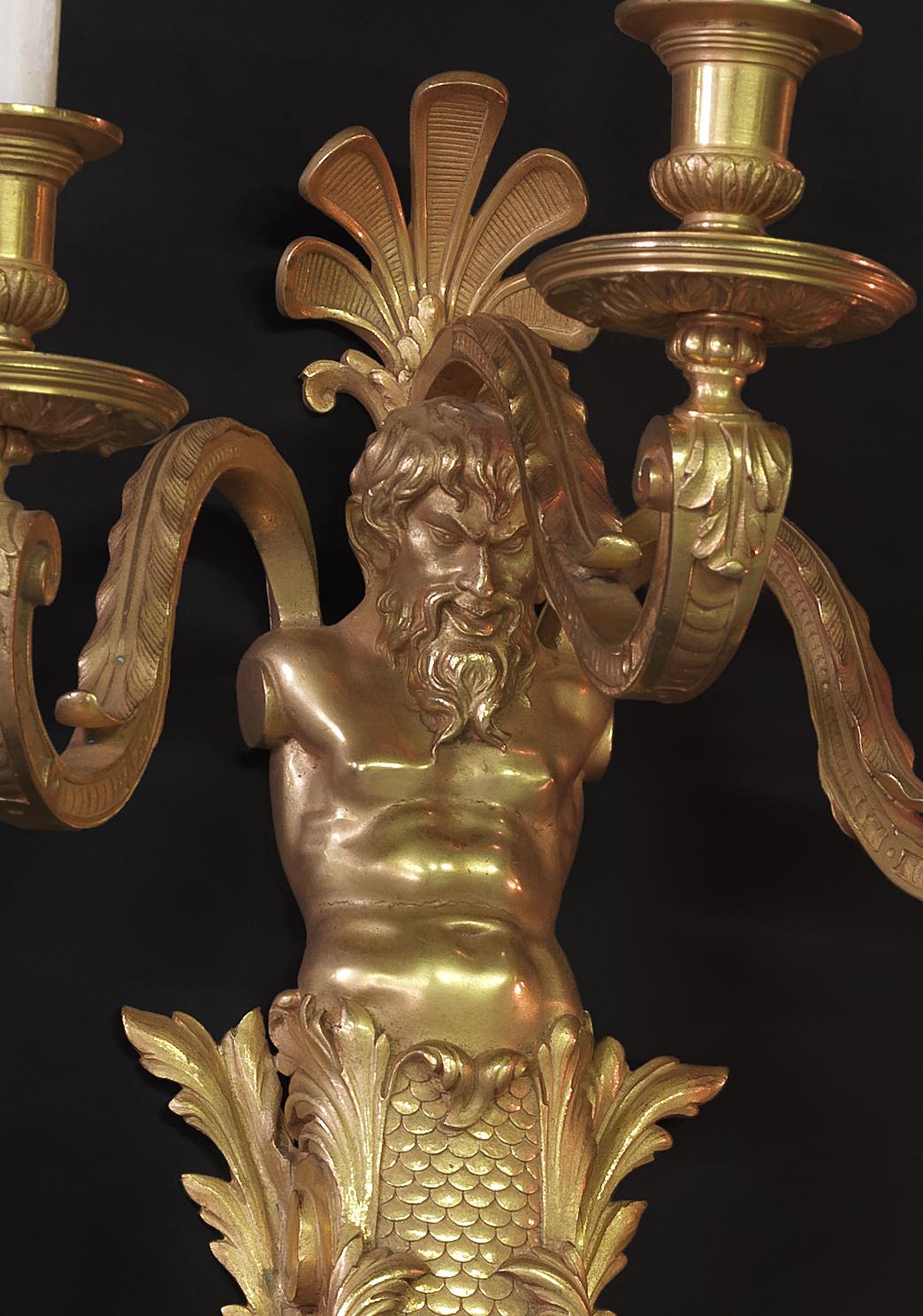 French A Pair of Gilt-Bronze Three-Light Wall-Appliques by Henry Dasson, Circa 1880