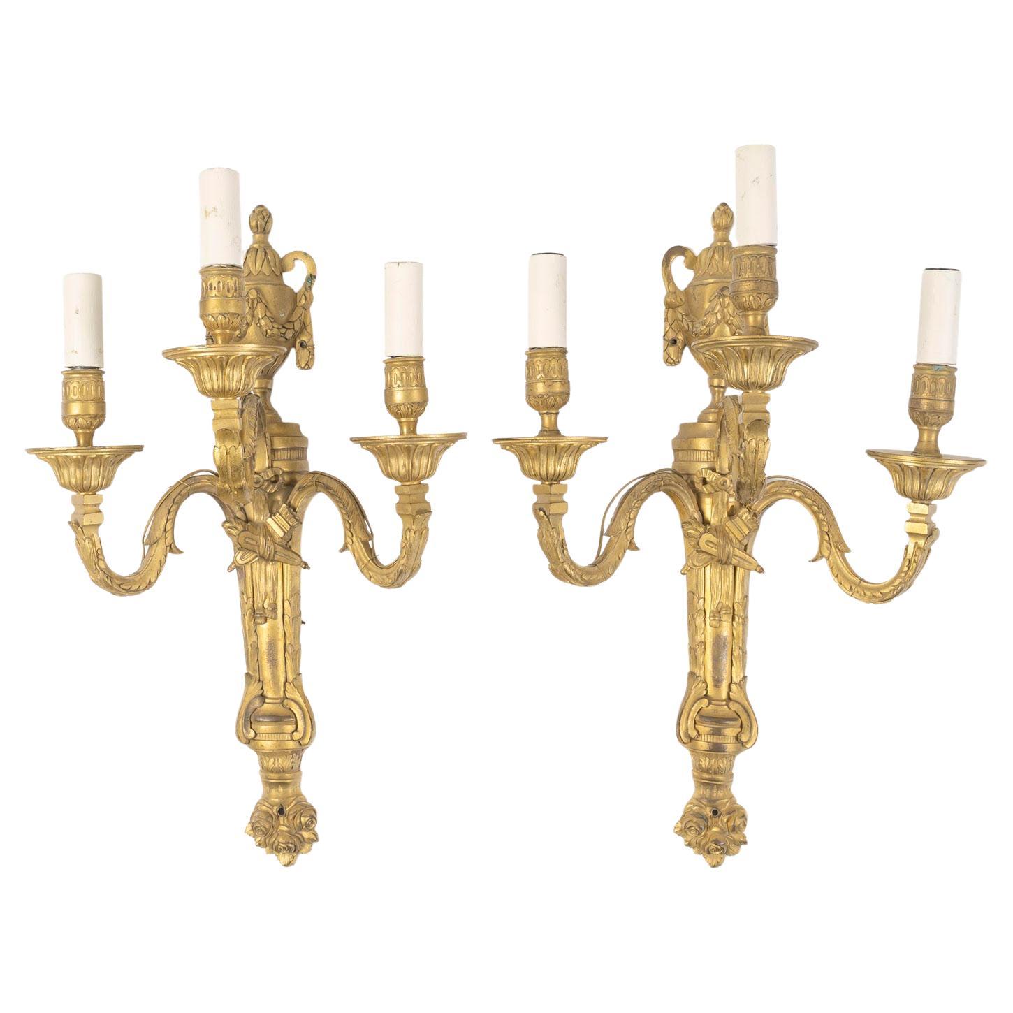 Coppia di applique in bronzo dorato in stile Luigi XVI, XIX secolo.