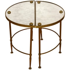 Pair of Gilt Metal Demilune Side Tables with Antique Mirror Tops