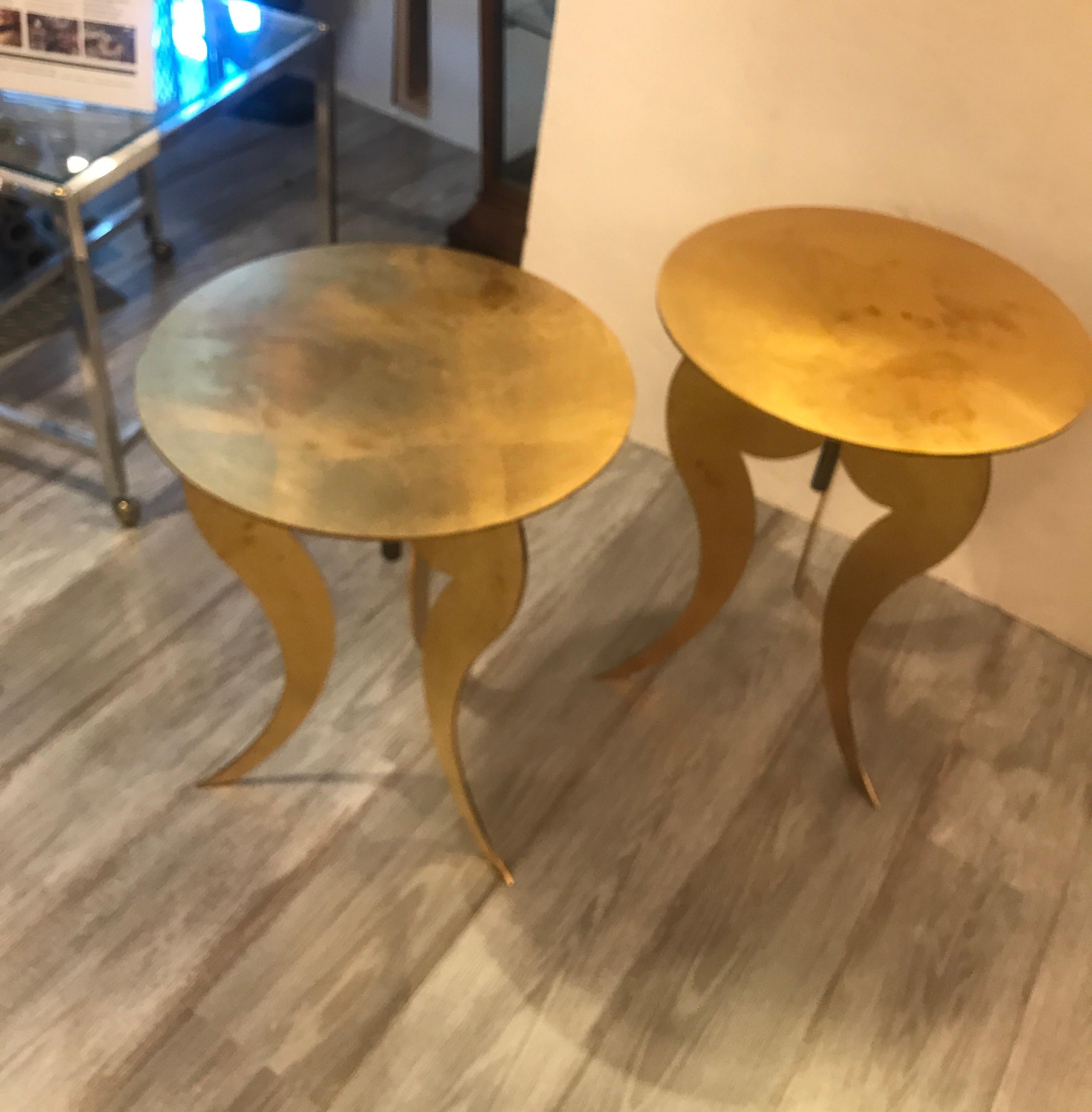 Pair of Gilt Steel Adjustable Round Pedestal Tables attributed to Sergio Terzani 4