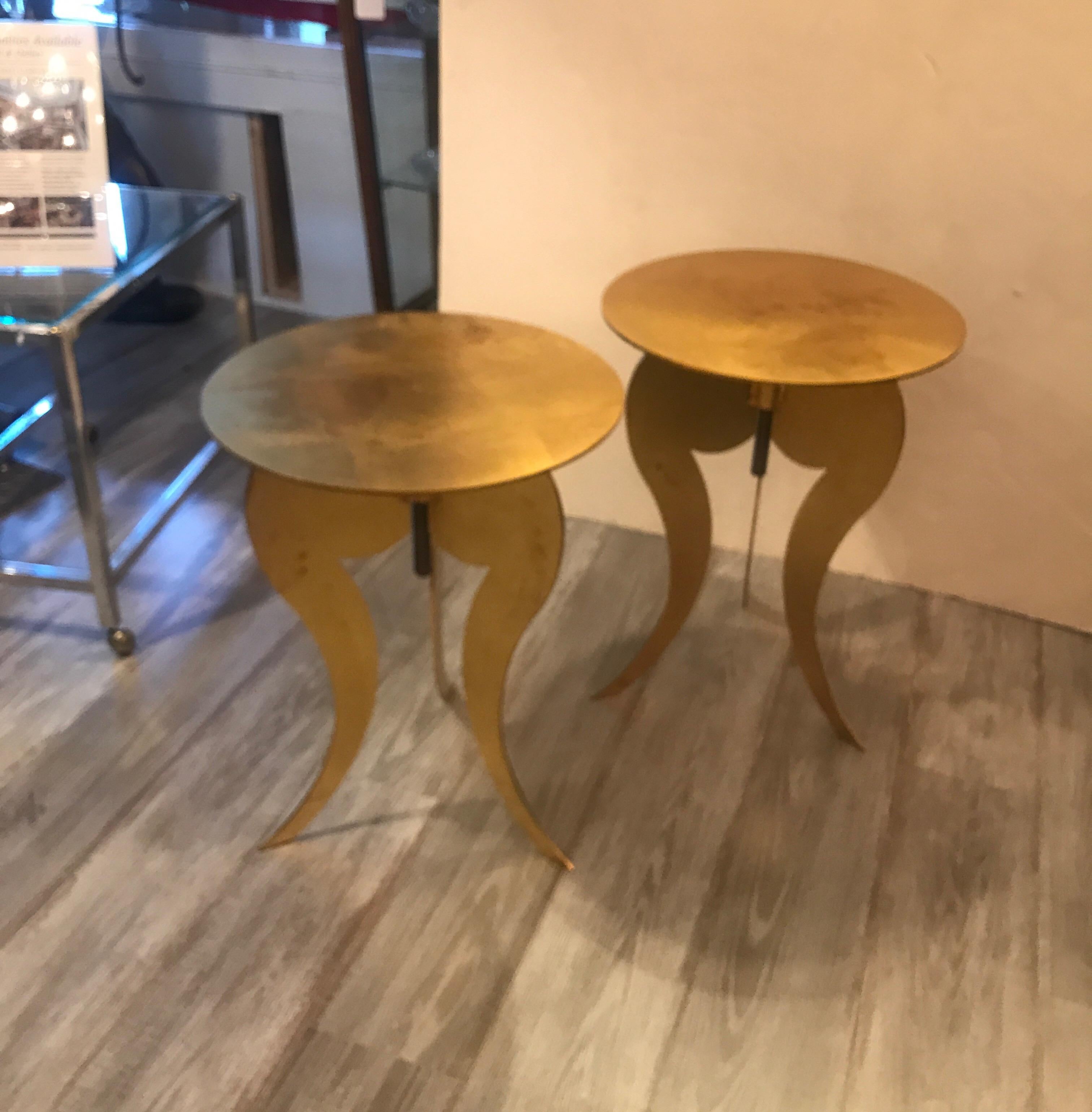 Pair of Gilt Steel Adjustable Round Pedestal Tables attributed to Sergio Terzani 7