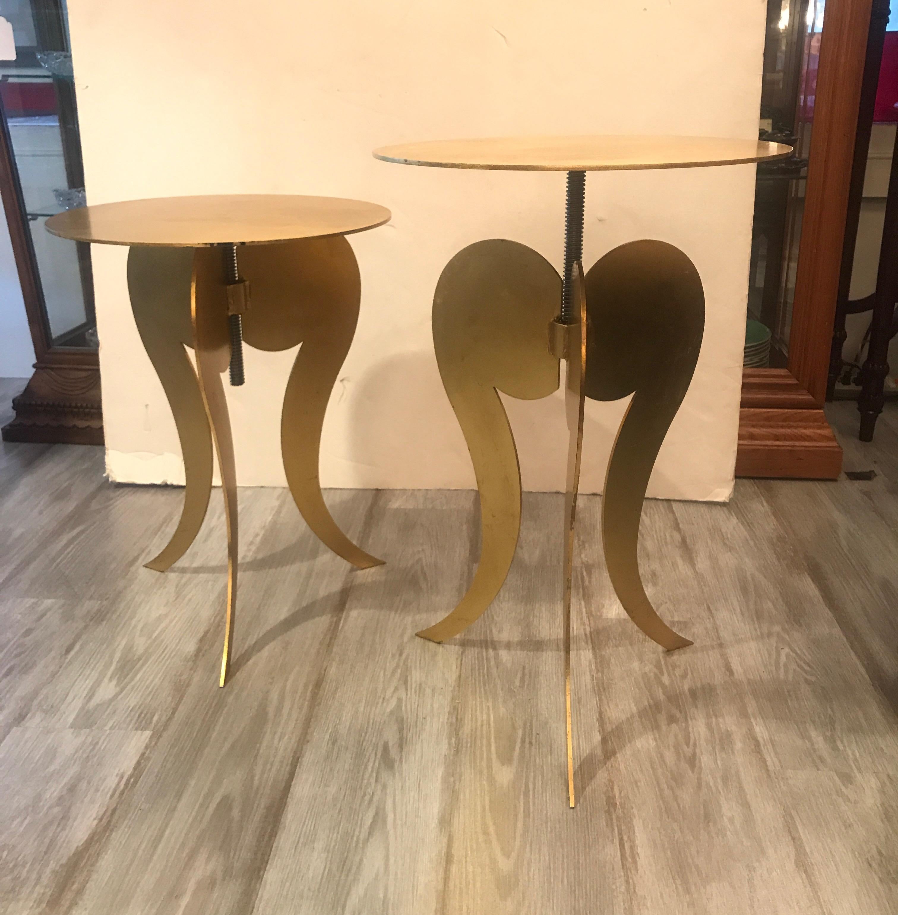 Industrial Pair of Gilt Steel Adjustable Round Pedestal Tables attributed to Sergio Terzani